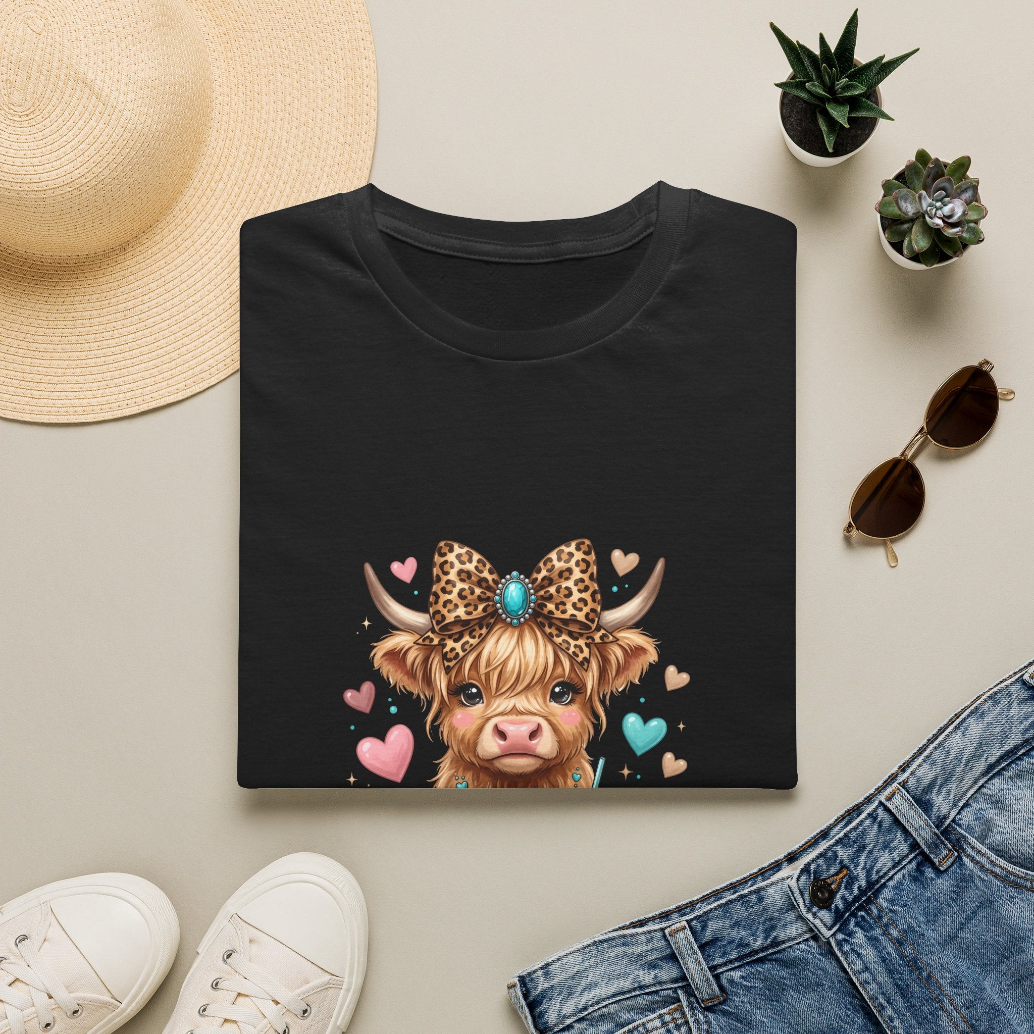 Highland Cow Leopard Bow T-Shirt — Cute Funny Gift for Her Hearts Graphic Tee