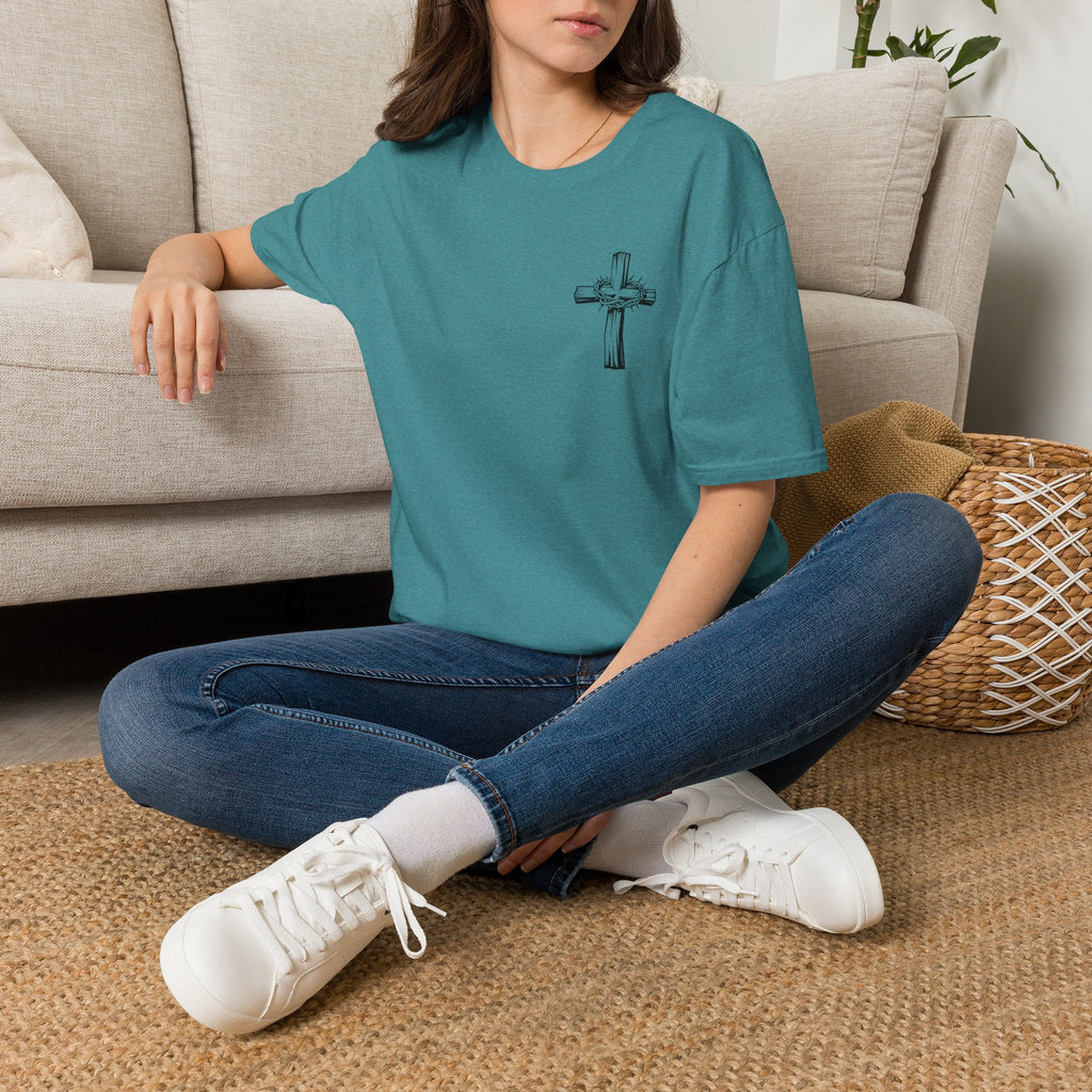 Cross Lion and Jesus Back Print T-Shirt — Wood Cross Chest Christian Faith Graphic