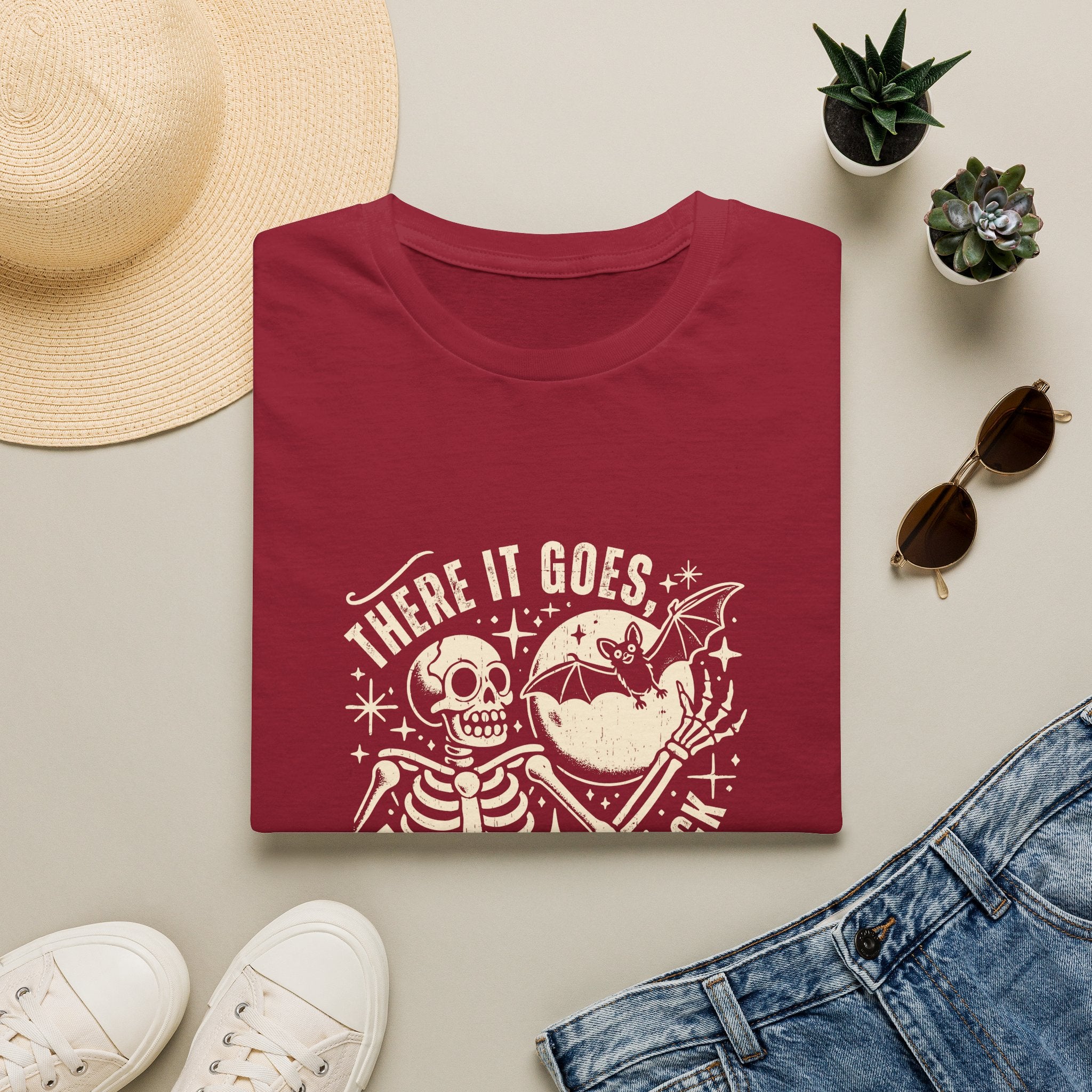 There It Goes Skull Moon & Bat T-Shirt — Cute Halloween Gift for Women Graphic Tee
