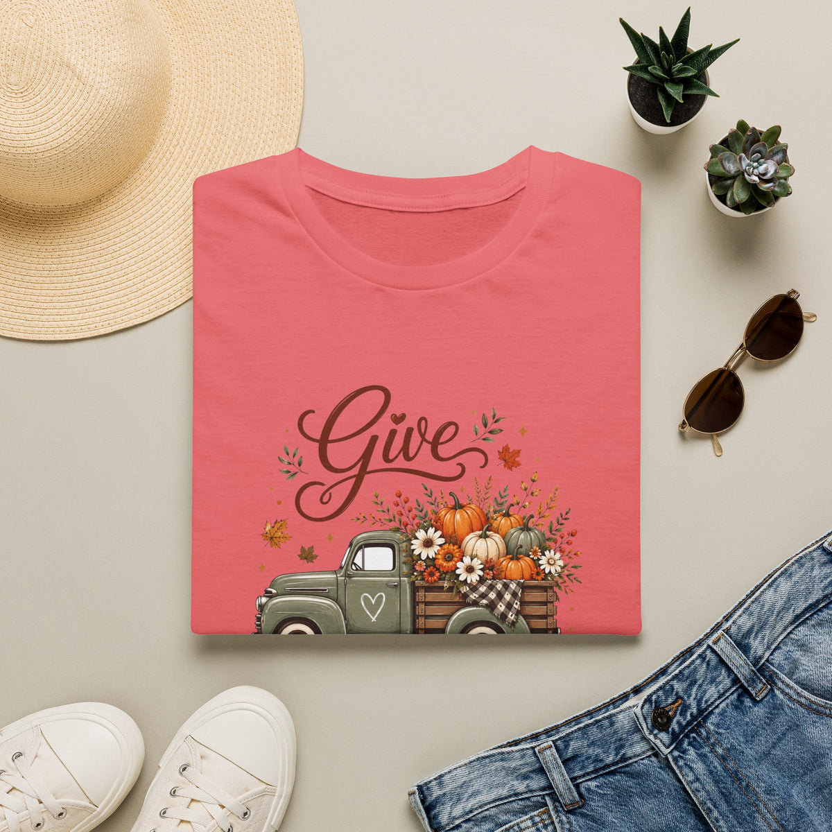 Give Thanks Fall Truck T-Shirt — Pumpkin Harvest Autumn Tee