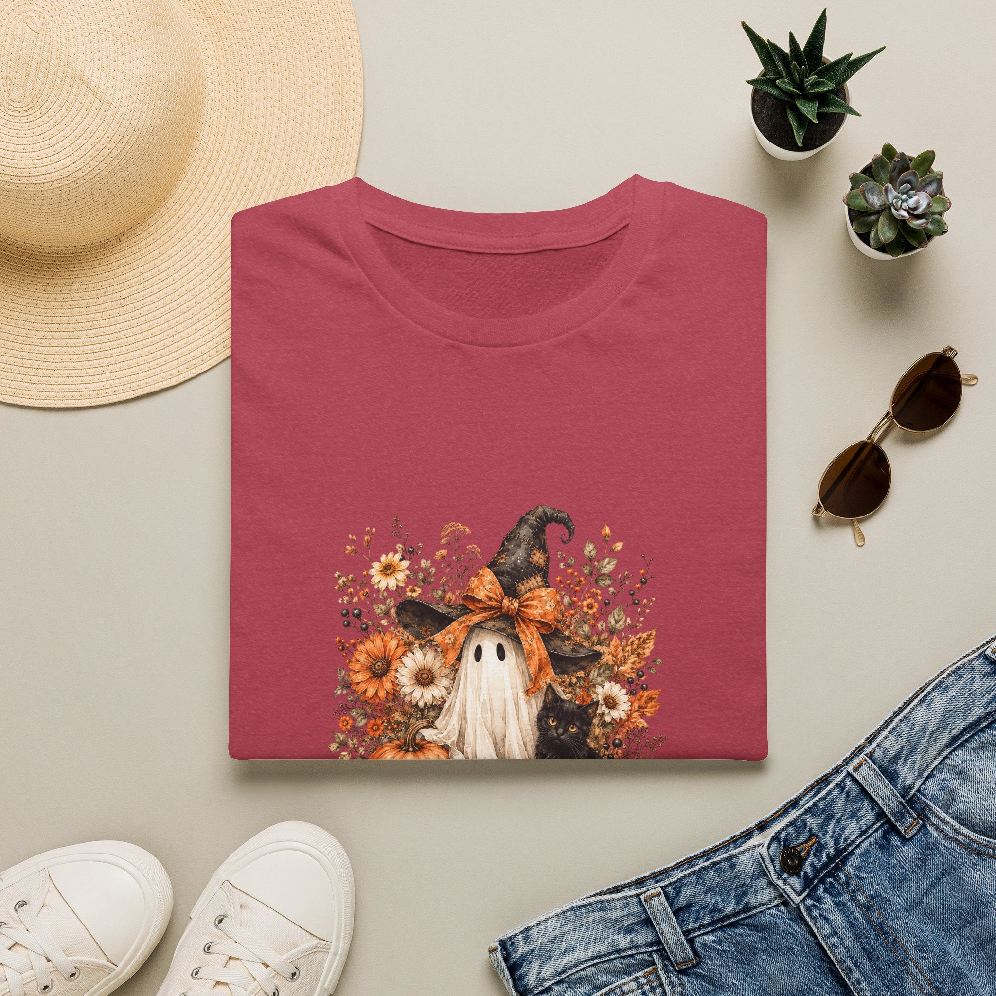 Halloween Witch Ghost & Cat T-Shirt — Cute Spooky Gift for Women Fall Floral Tee
