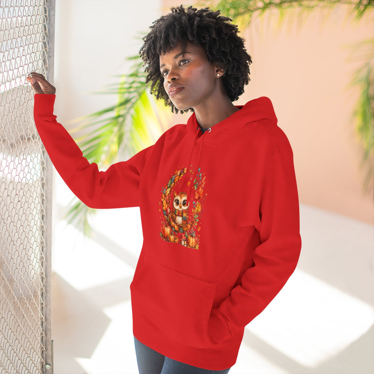 Cozy Autumn Owl Crescent Moon Embroidered Hoodie