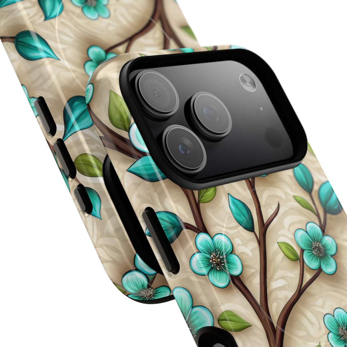 Floral Teal Blossom Tough Magnetic iPhone Case — MagSafe Protective Cover