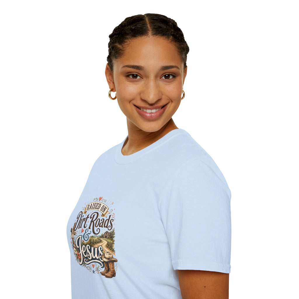 Raised on Dirt Roads & Jesus T-Shirt — Rustic Christian Gift for Women Faith Tee