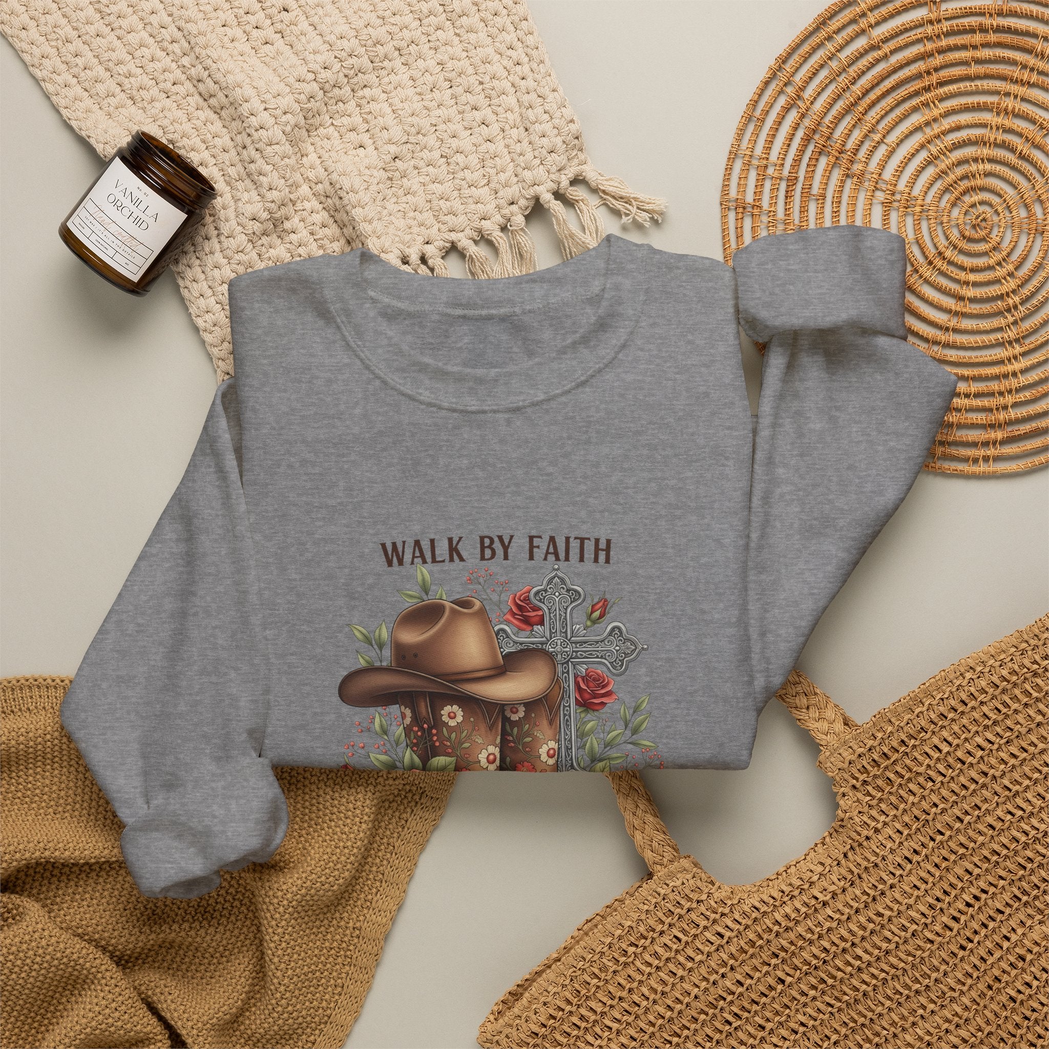 Faith Cowboy Boots Sweatshirt — "Walk by Faith, Even When You Cannot See" Christian Crewneck