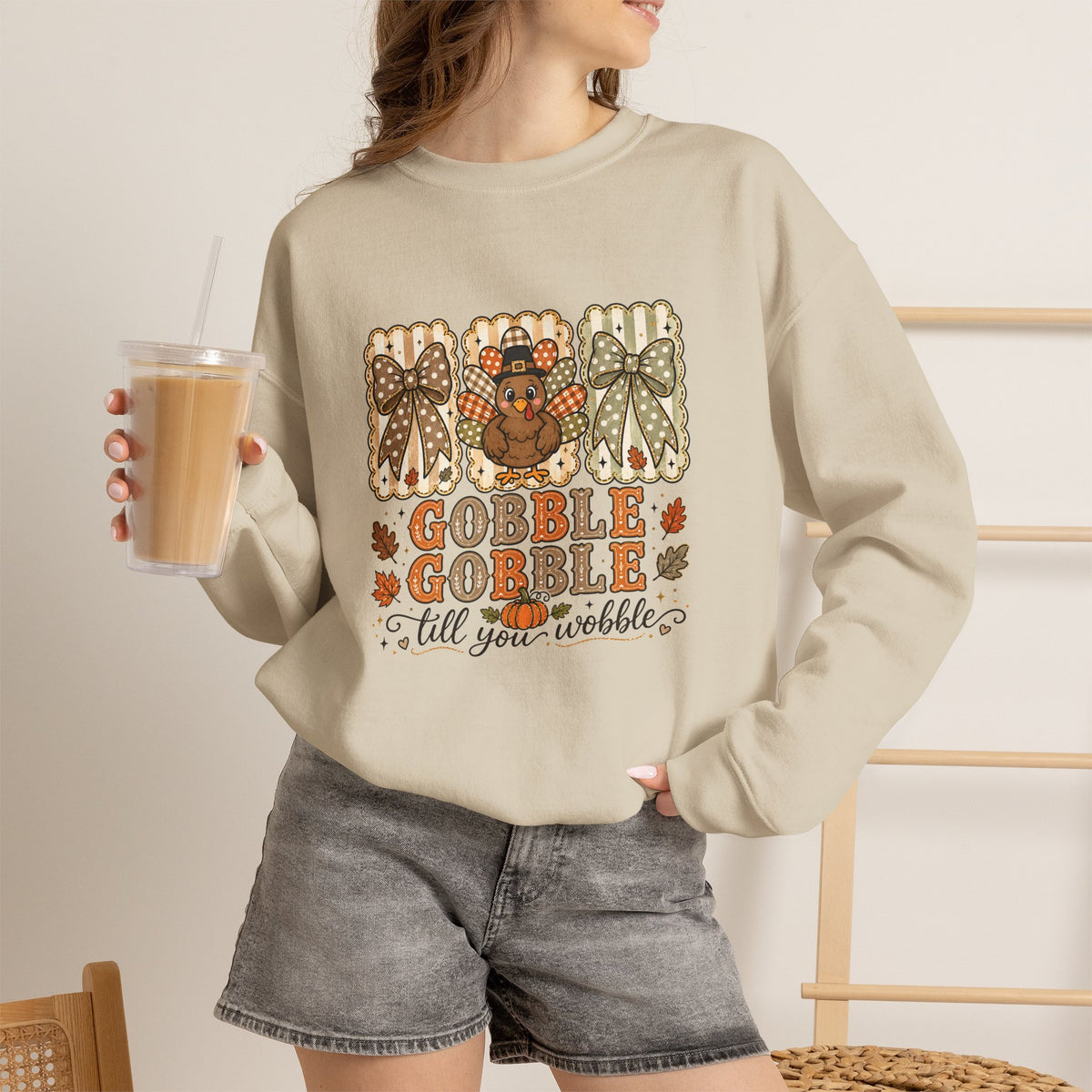 Thanksgiving Crewneck Sweatshirt — "Gobble Gobble 'til You Wobble" Turkey Design