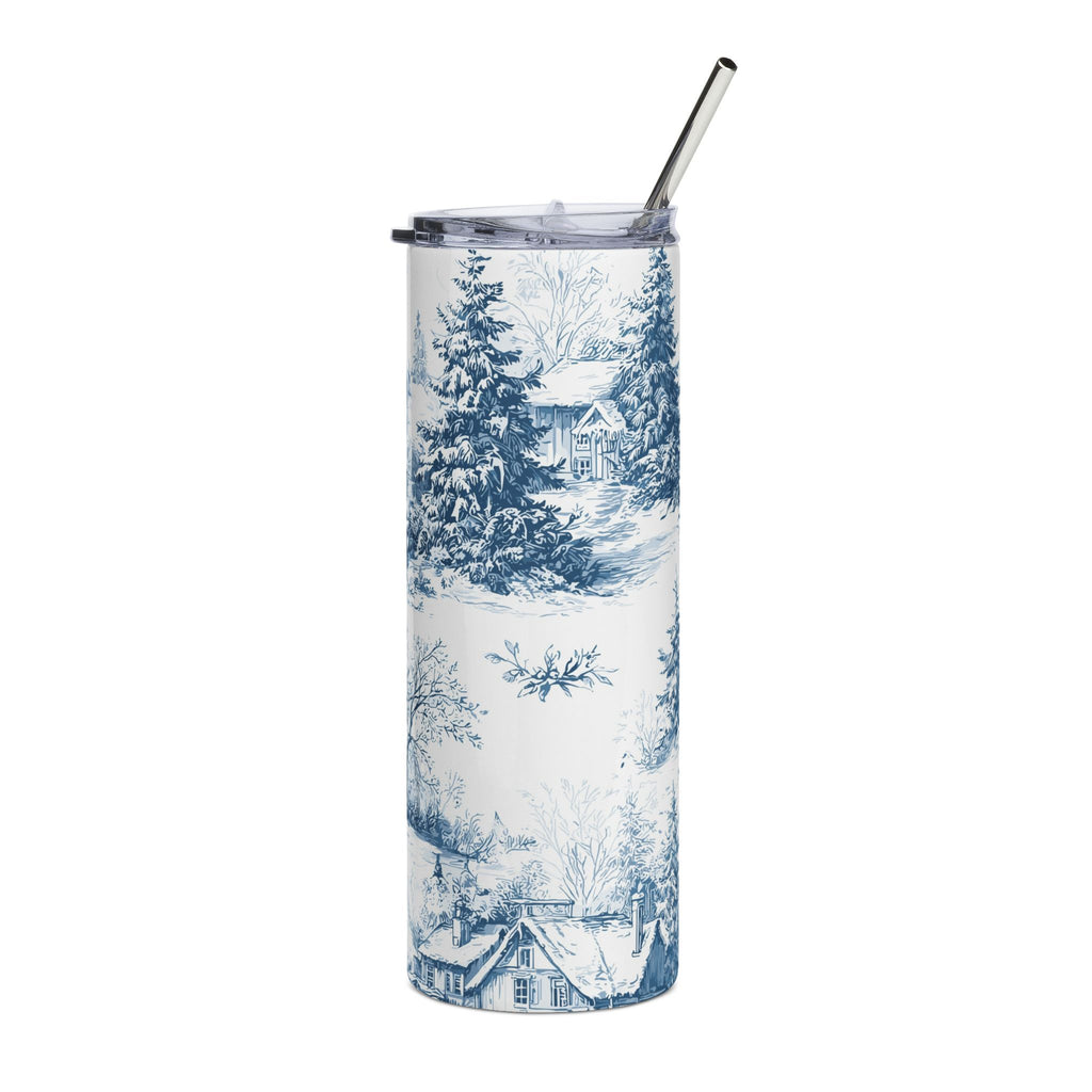20oz Winter Cottage Stainless Steel Tumbler Blue Toile Snowy Pines Travel Cup