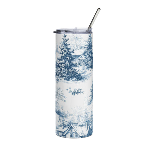 20oz Winter Cottage Stainless Steel Tumbler Blue Toile Snowy Pines Travel Cup
