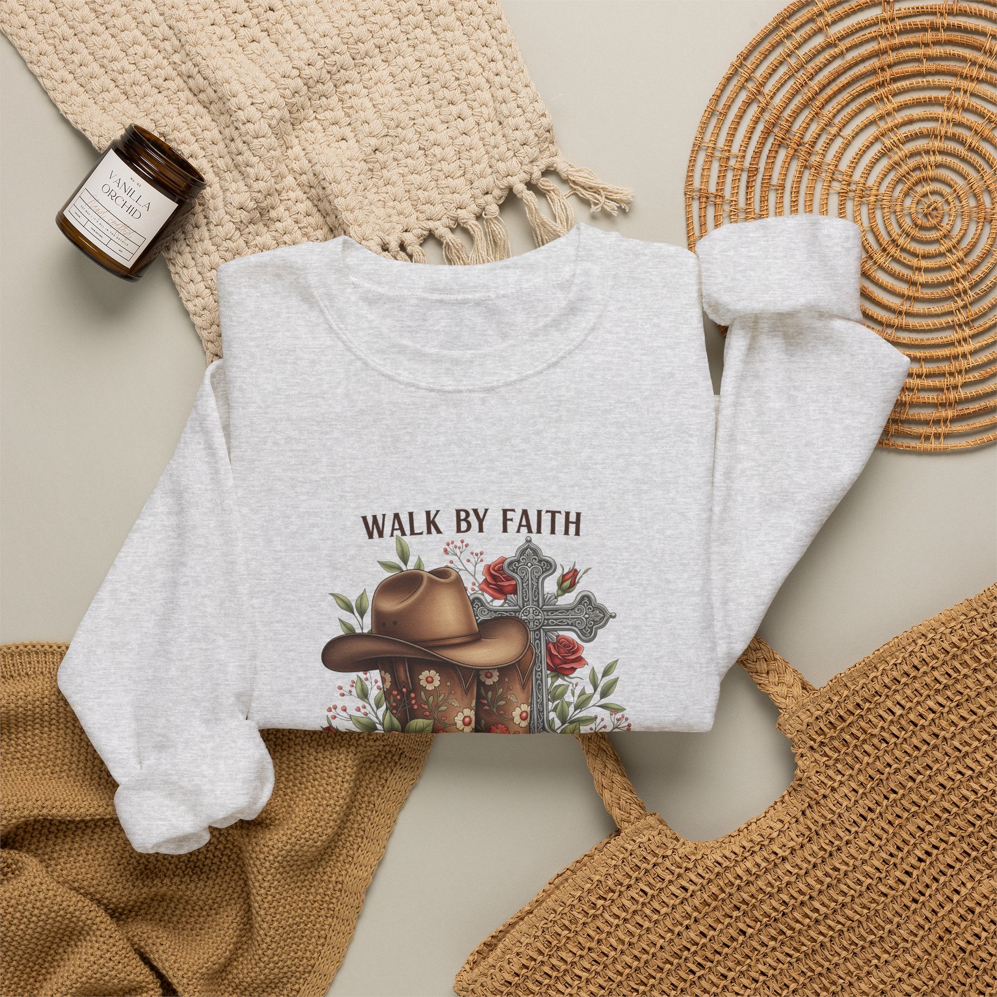Faith Cowboy Boots Sweatshirt — "Walk by Faith, Even When You Cannot See" Christian Crewneck