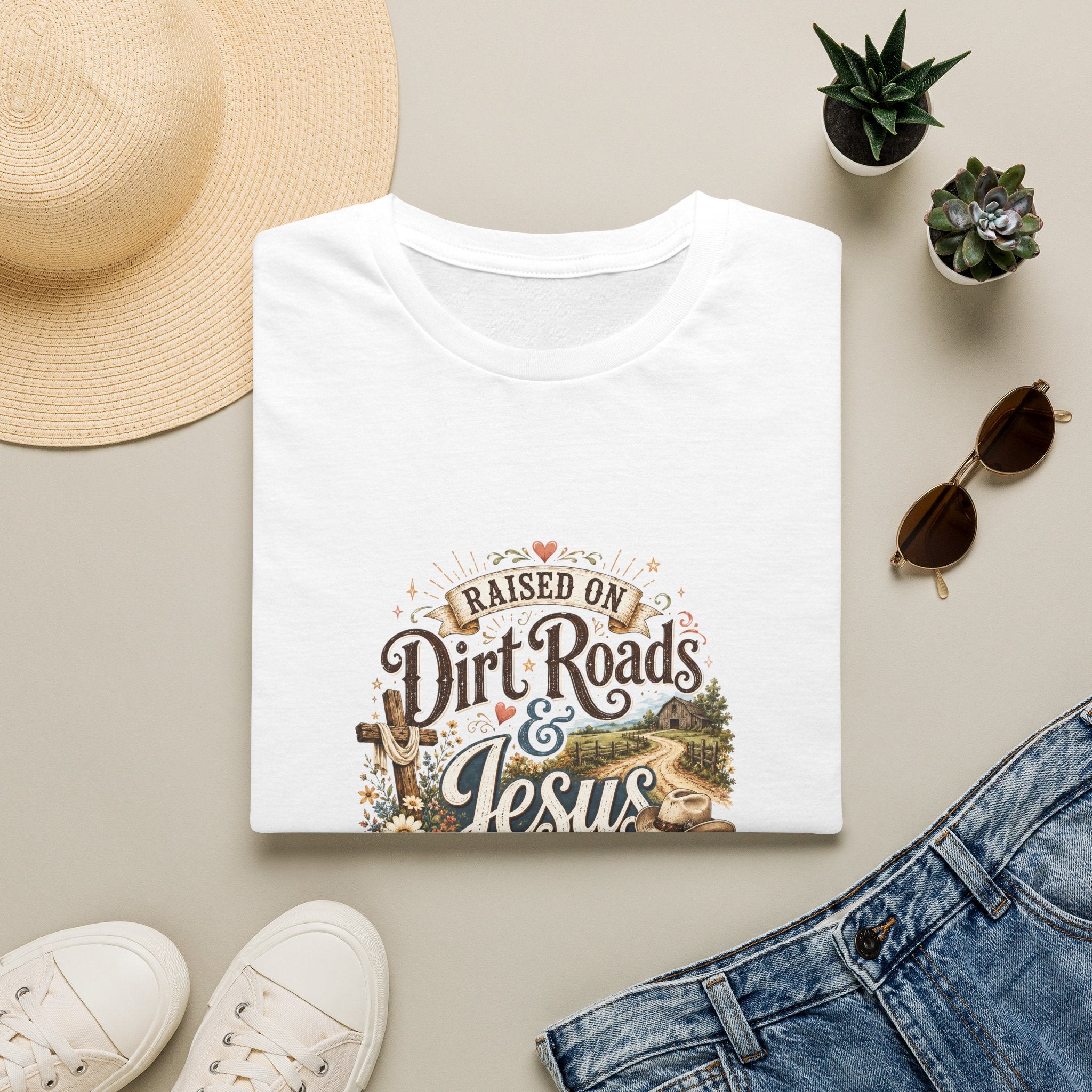 Raised on Dirt Roads & Jesus T-Shirt — Rustic Christian Gift for Women Faith Tee