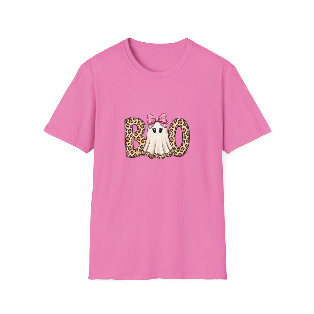 Boo Leopard Ghost T-Shirt — Cute Pink Bow Halloween Gift for Women Graphic Tee