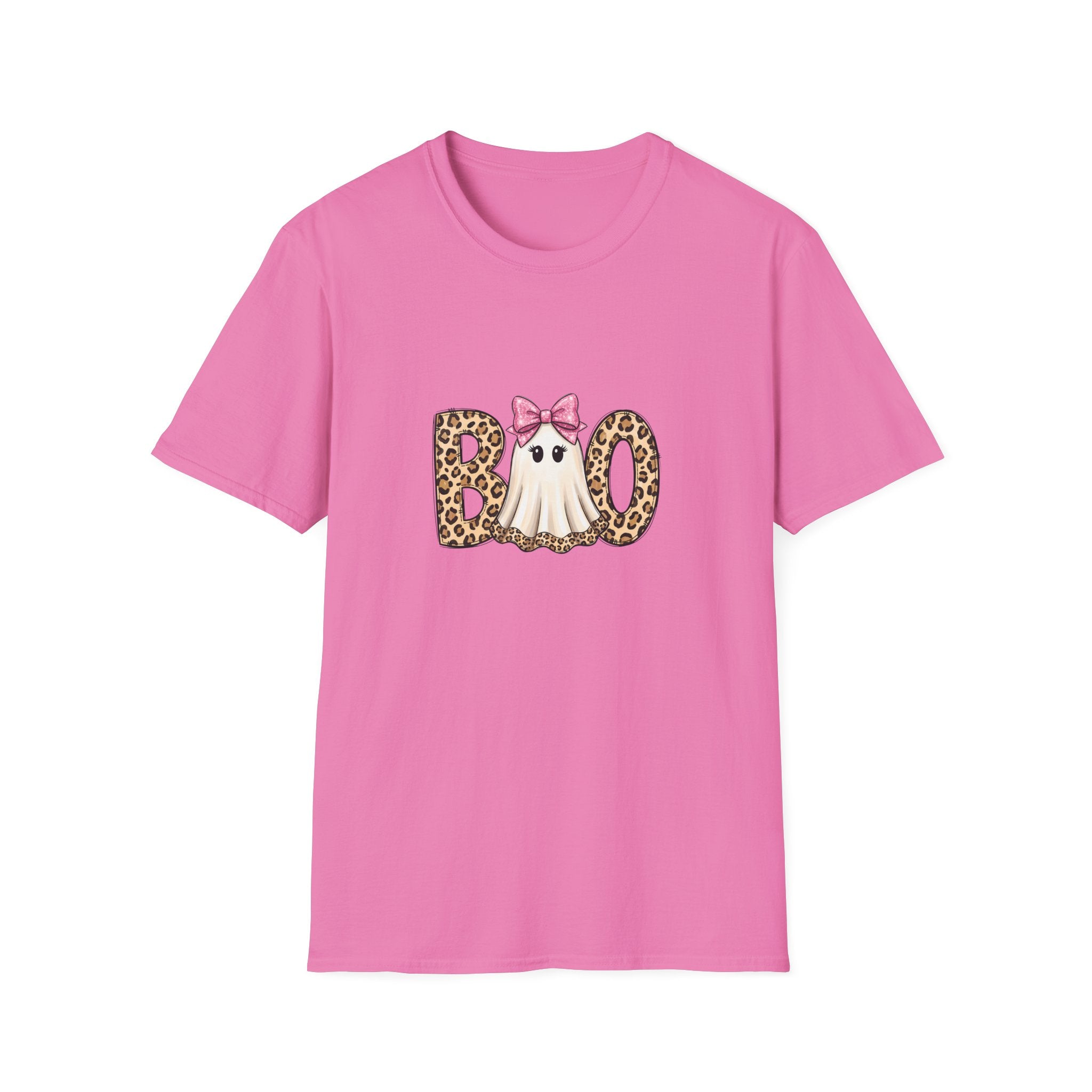 Boo Leopard Ghost T-Shirt — Cute Pink Bow Halloween Gift for Women Graphic Tee