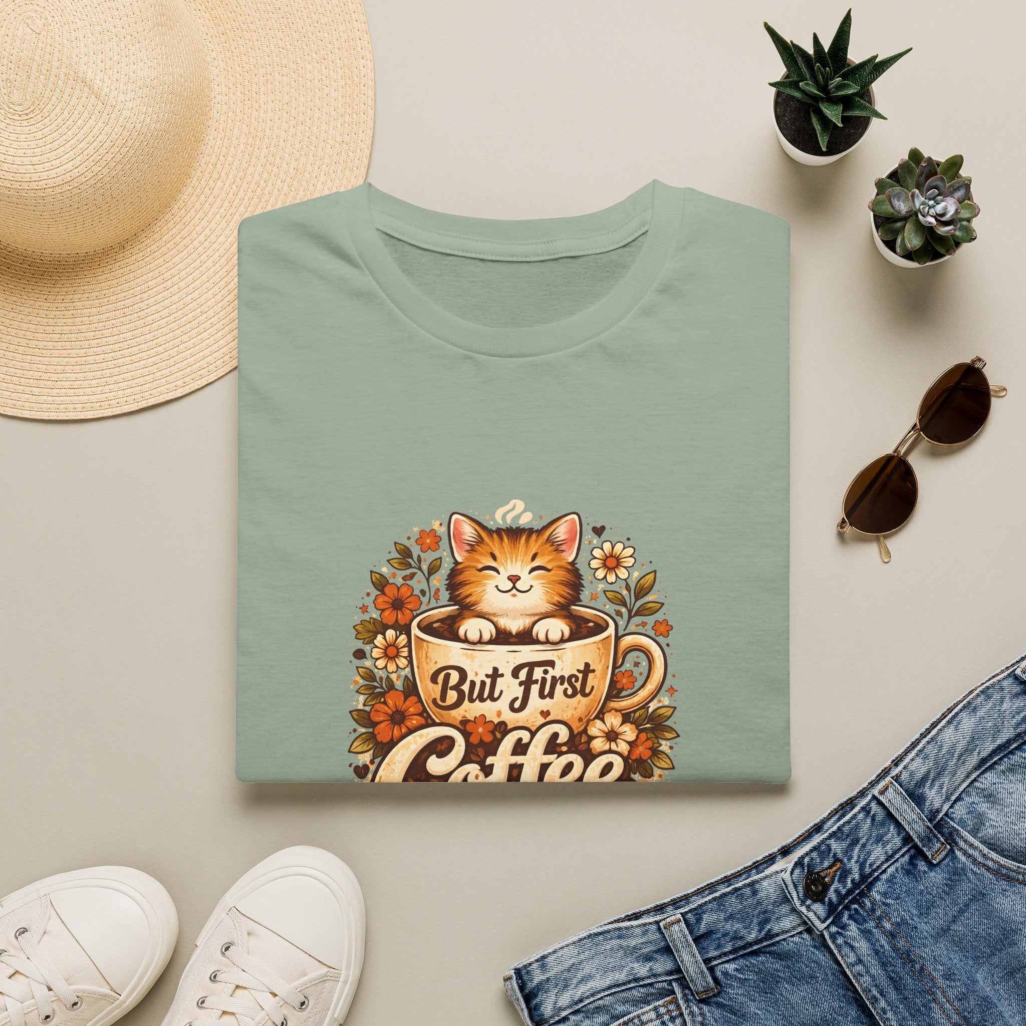 But First Coffee Cat T-Shirt — Cute Floral Gift for Coffee Lovers Women's Tee