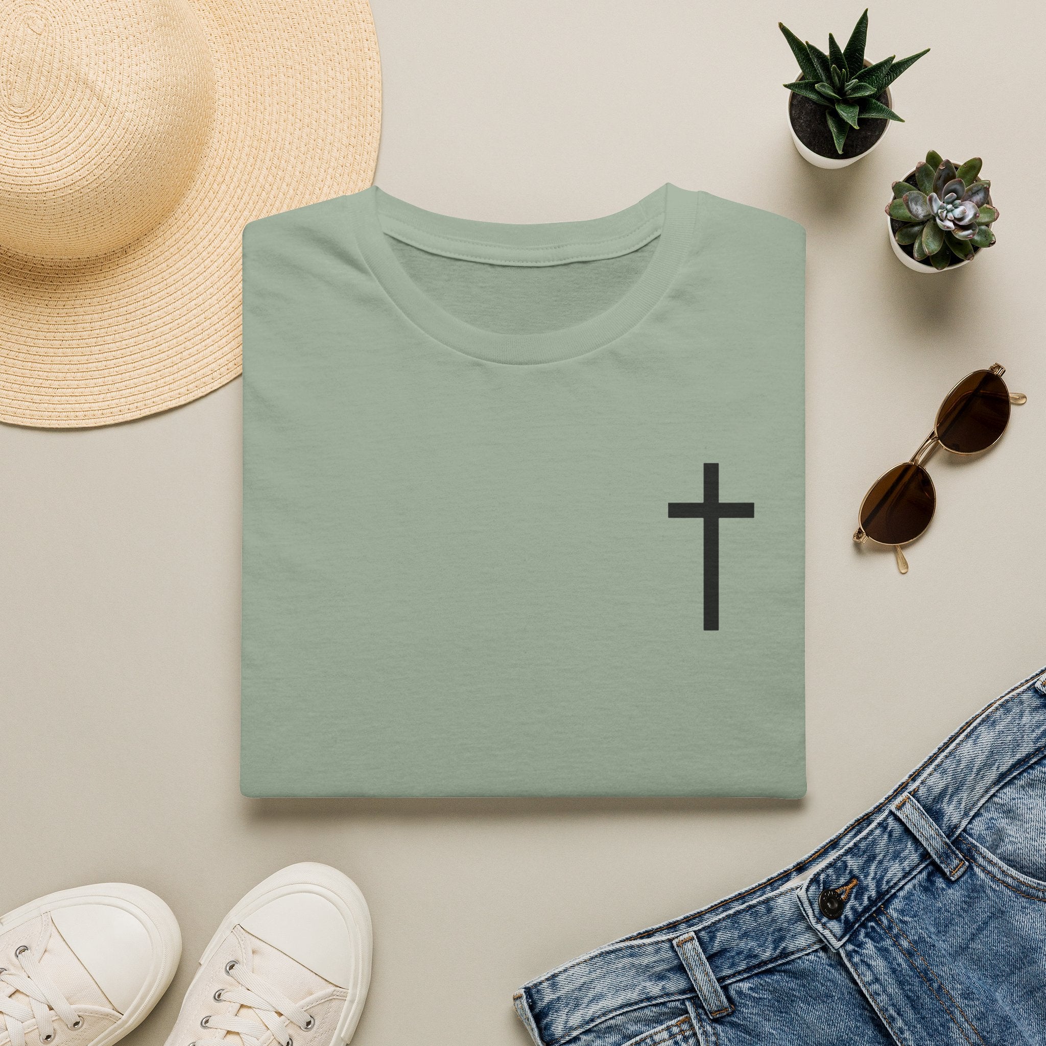Man of Faith Rooted in Christ T-Shirt — Christian Gift for Him Flag & Cross Back Print Graphic Tee