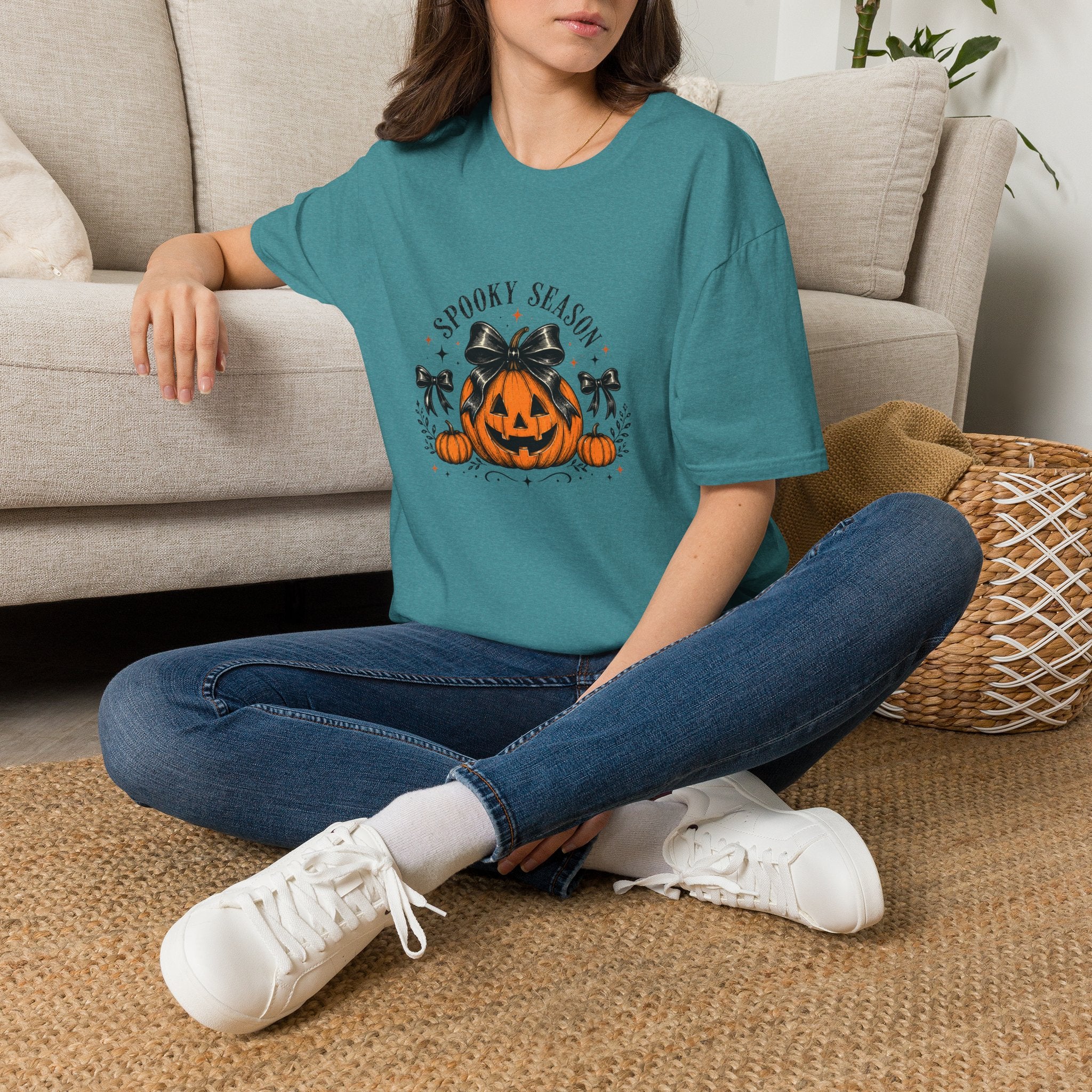 Spooky Season Jack-O'-Lantern Bow T-Shirt — Cute Halloween Gift for Women Graphic Tee
