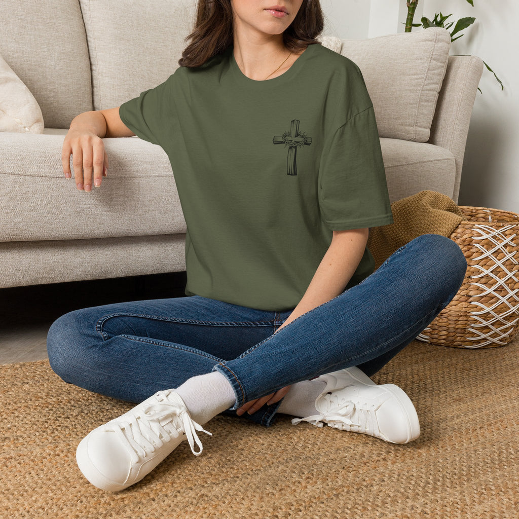 Cross Lion and Jesus Back Print T-Shirt — Wood Cross Chest Christian Faith Graphic