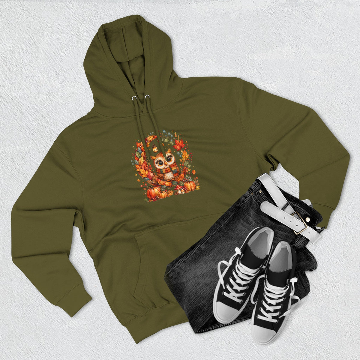 Cozy Autumn Owl Crescent Moon Embroidered Hoodie