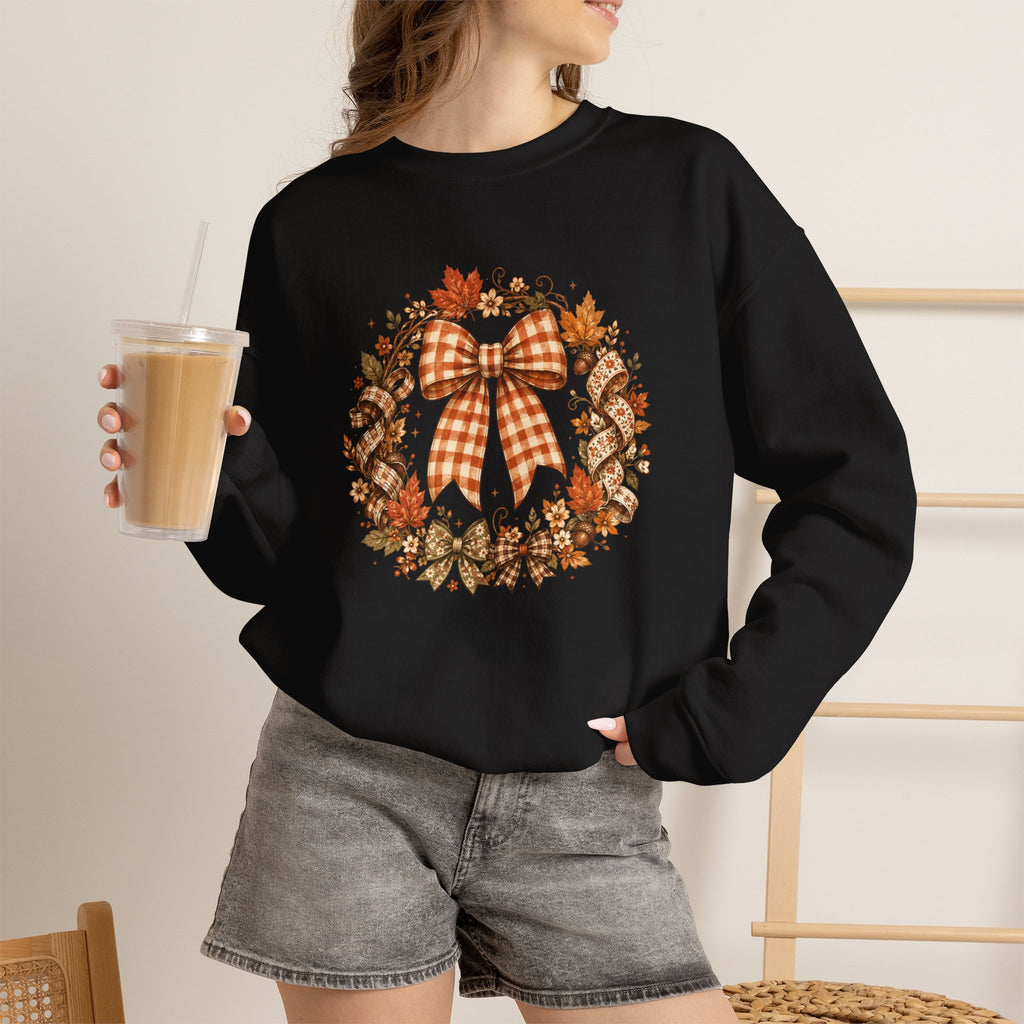 Cozy Autumn Plaid Bow Wreath Crewneck Sweatshirt