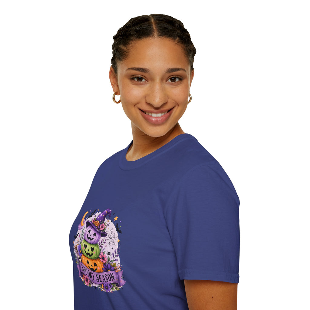 Spooky Season Pumpkin Stack T-Shirt — Cute Halloween Gift for Women Witch Hat Tee