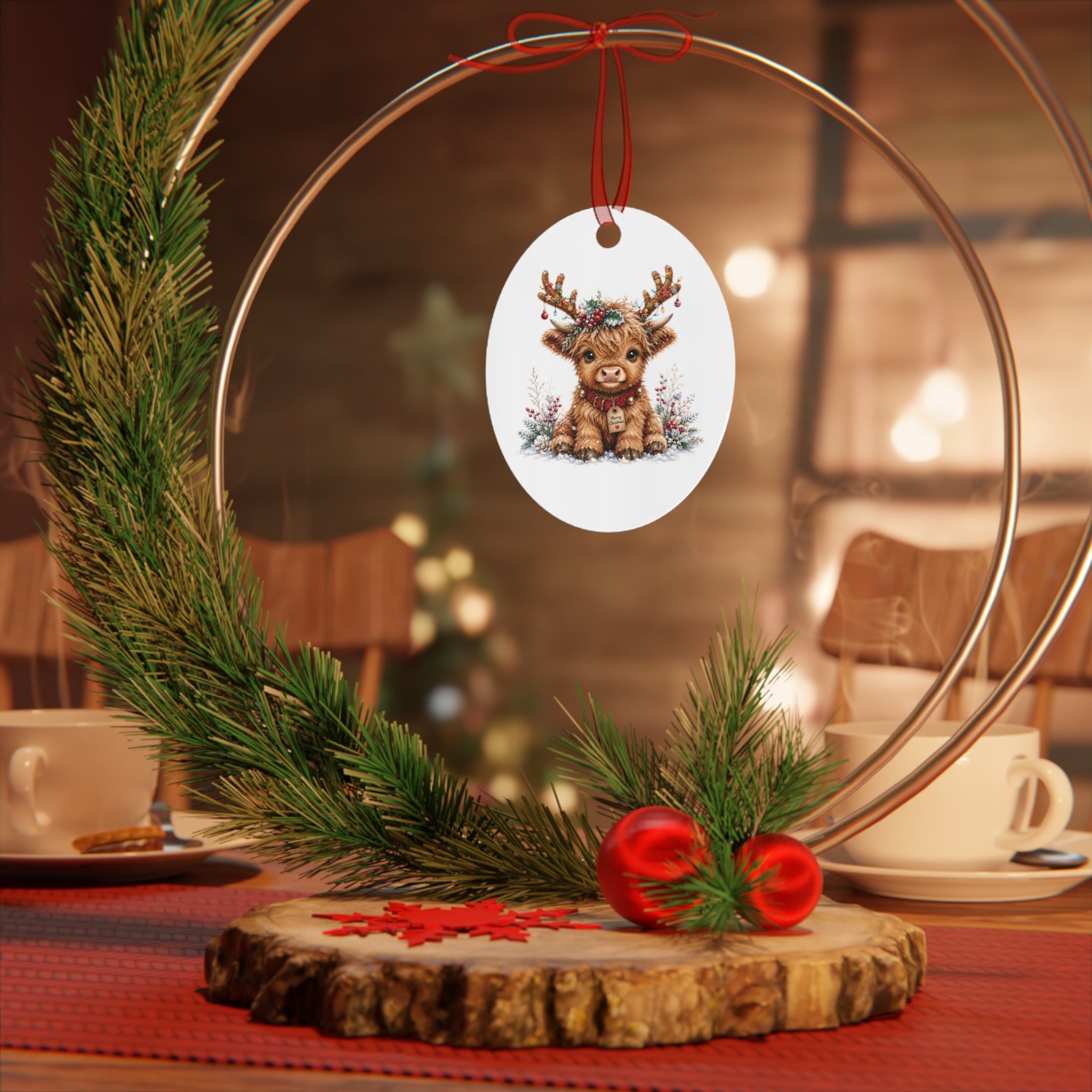 Cute Highland Cow Metal Ornament — Holiday Christmas Tree Decoration