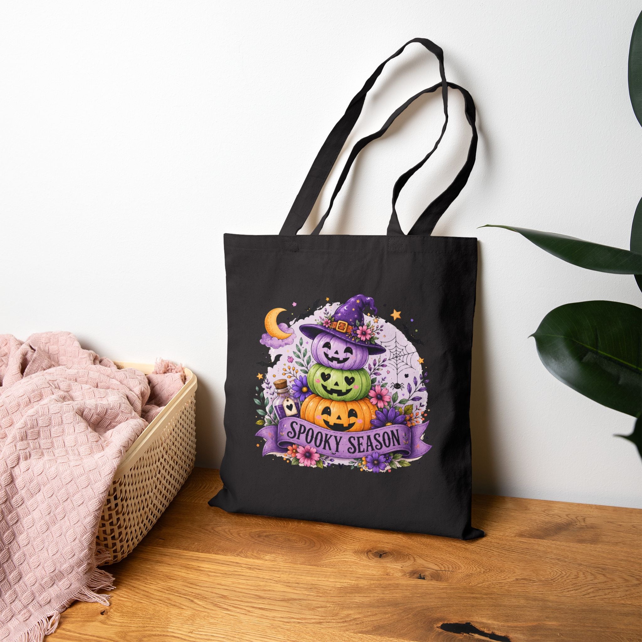Spooky Season Jack-o'-Lantern Canvas Tote Bag — Cute Halloween Gift for Women