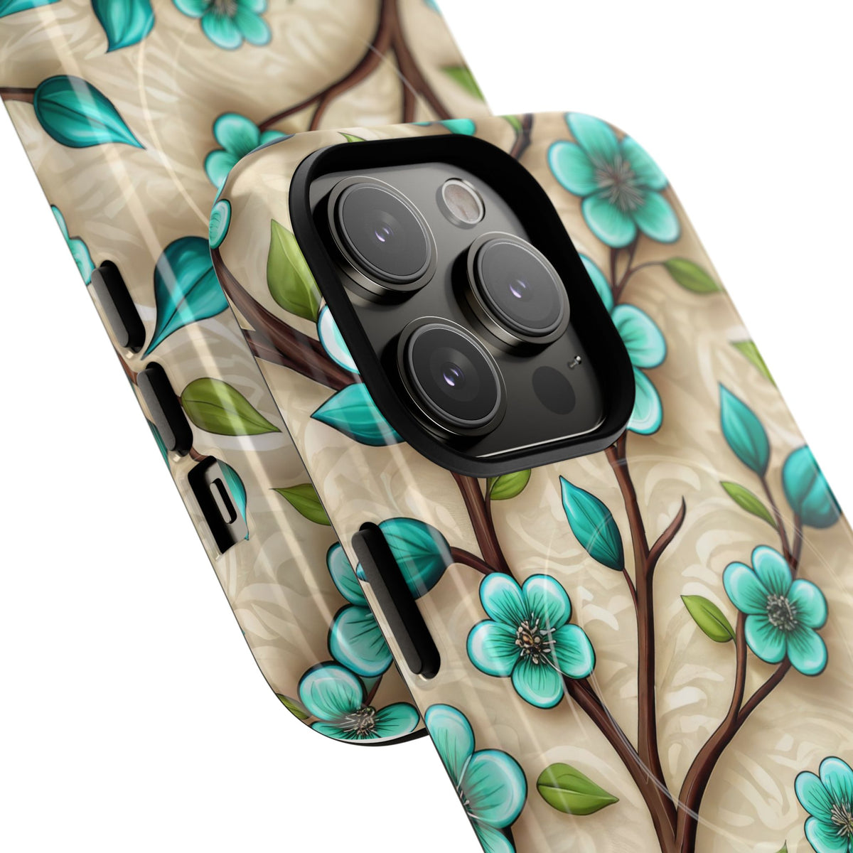 Floral Teal Blossom Tough Magnetic iPhone Case — MagSafe Protective Cover