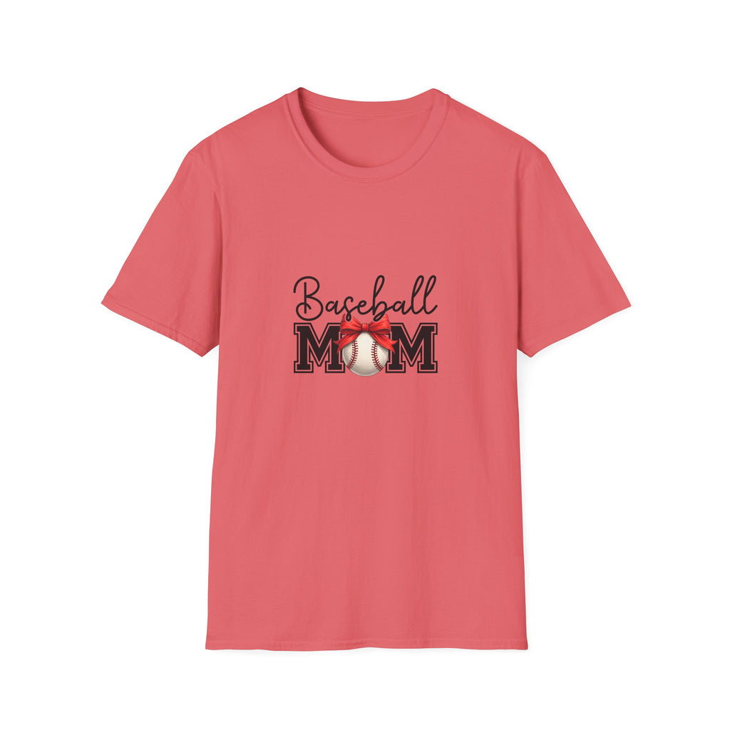 Baseball Mom T-Shirt — Cute Red Bow Gift for Sports Moms Game Day Graphic Tee