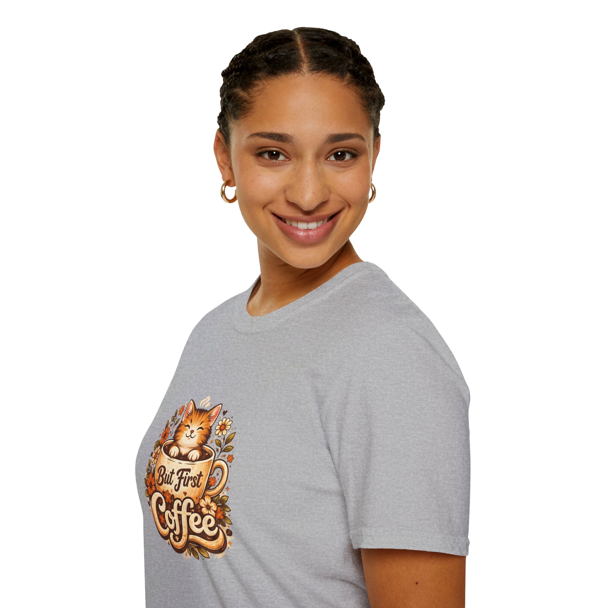 But First Coffee Cat T-Shirt — Cute Floral Gift for Coffee Lovers Women's Tee