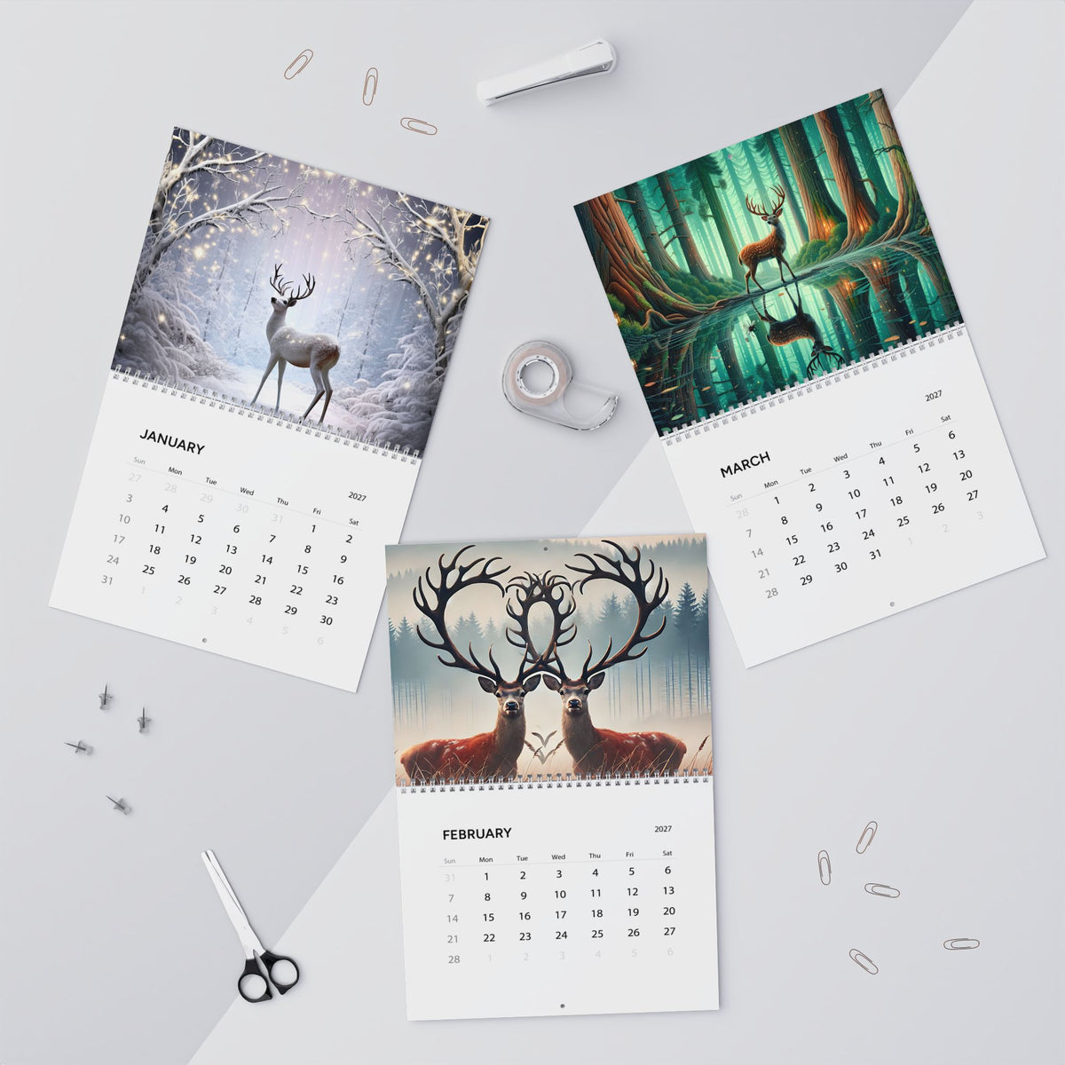 2027 Deer Art Wall Calendar — Scenic Forest & Moonlit Wildlife Monthly Planner