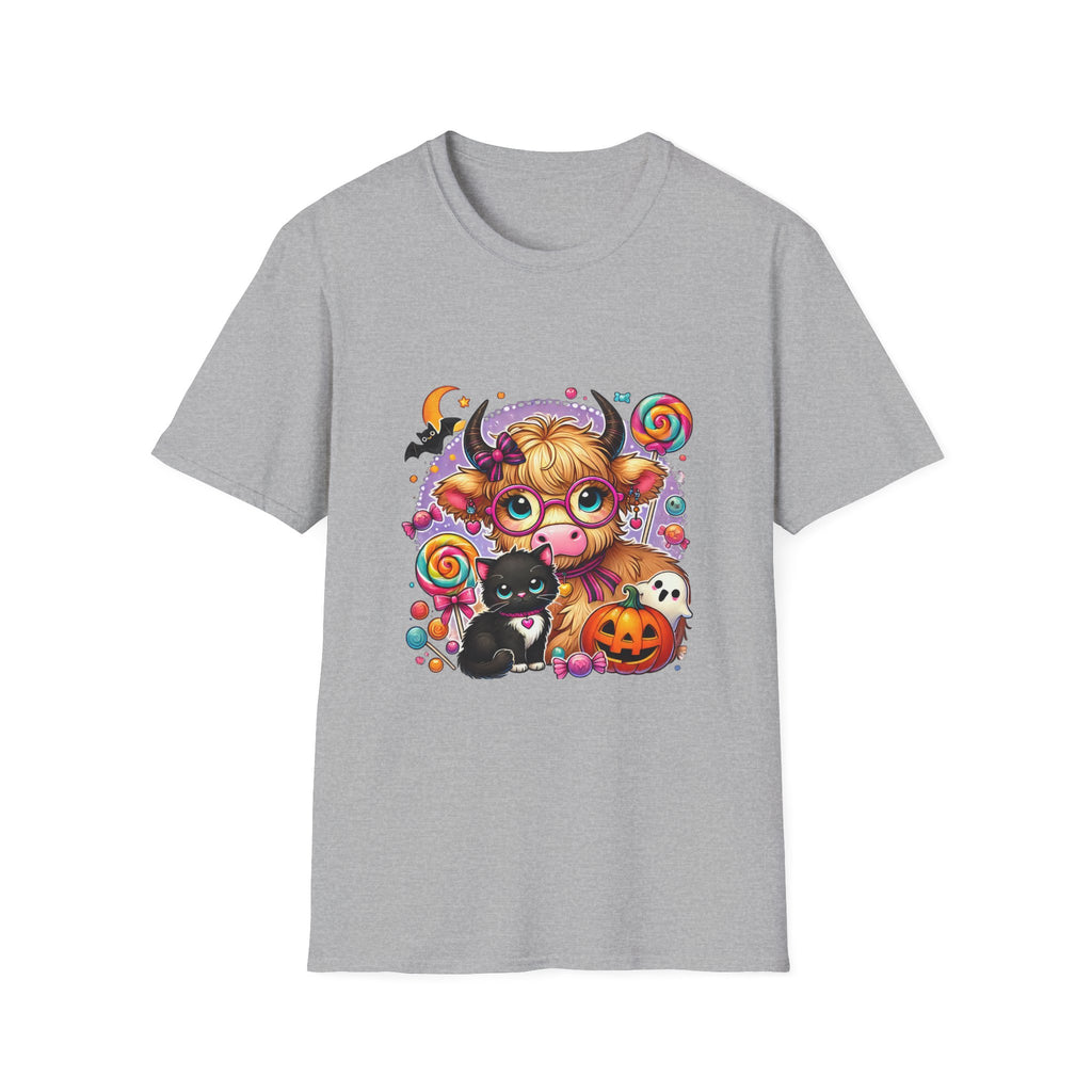 Cute Halloween Cow T-Shirt — Funny Gift for Her Candy Pumpkins & Kitty Costume Tee