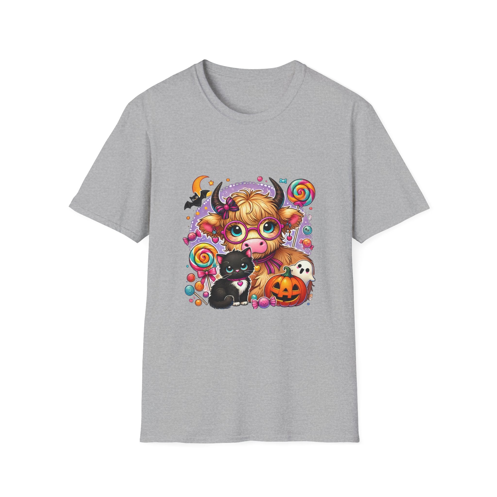 Cute Halloween Cow T-Shirt — Funny Gift for Her Candy Pumpkins & Kitty Costume Tee