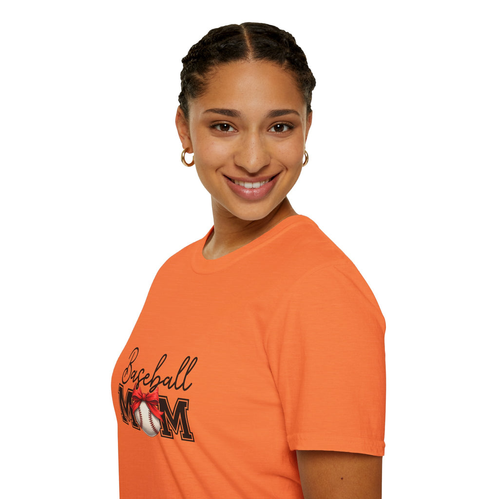 Baseball Mom T-Shirt — Cute Red Bow Gift for Sports Moms Game Day Graphic Tee