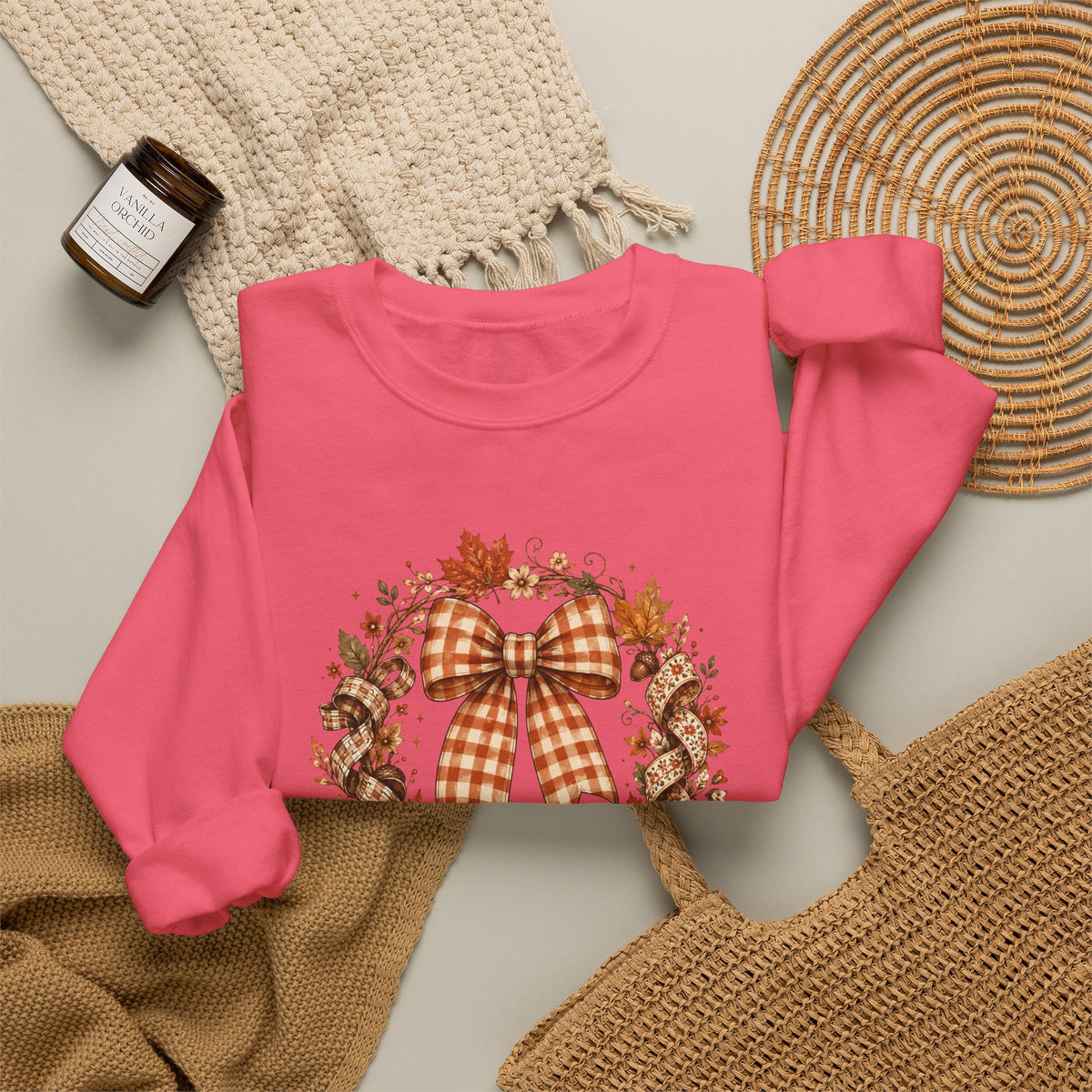 Cozy Autumn Plaid Bow Wreath Crewneck Sweatshirt