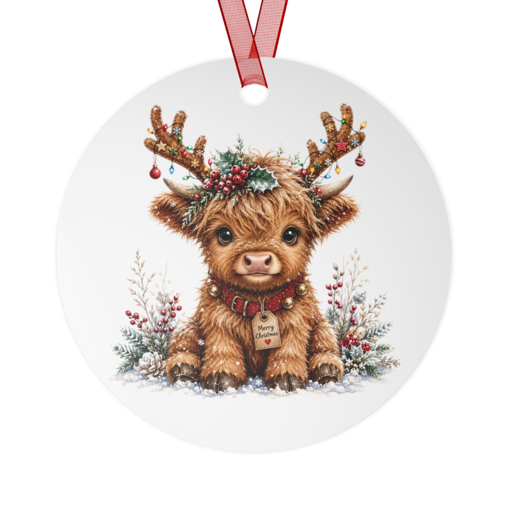 Cute Highland Cow Metal Ornament — Holiday Christmas Tree Decoration