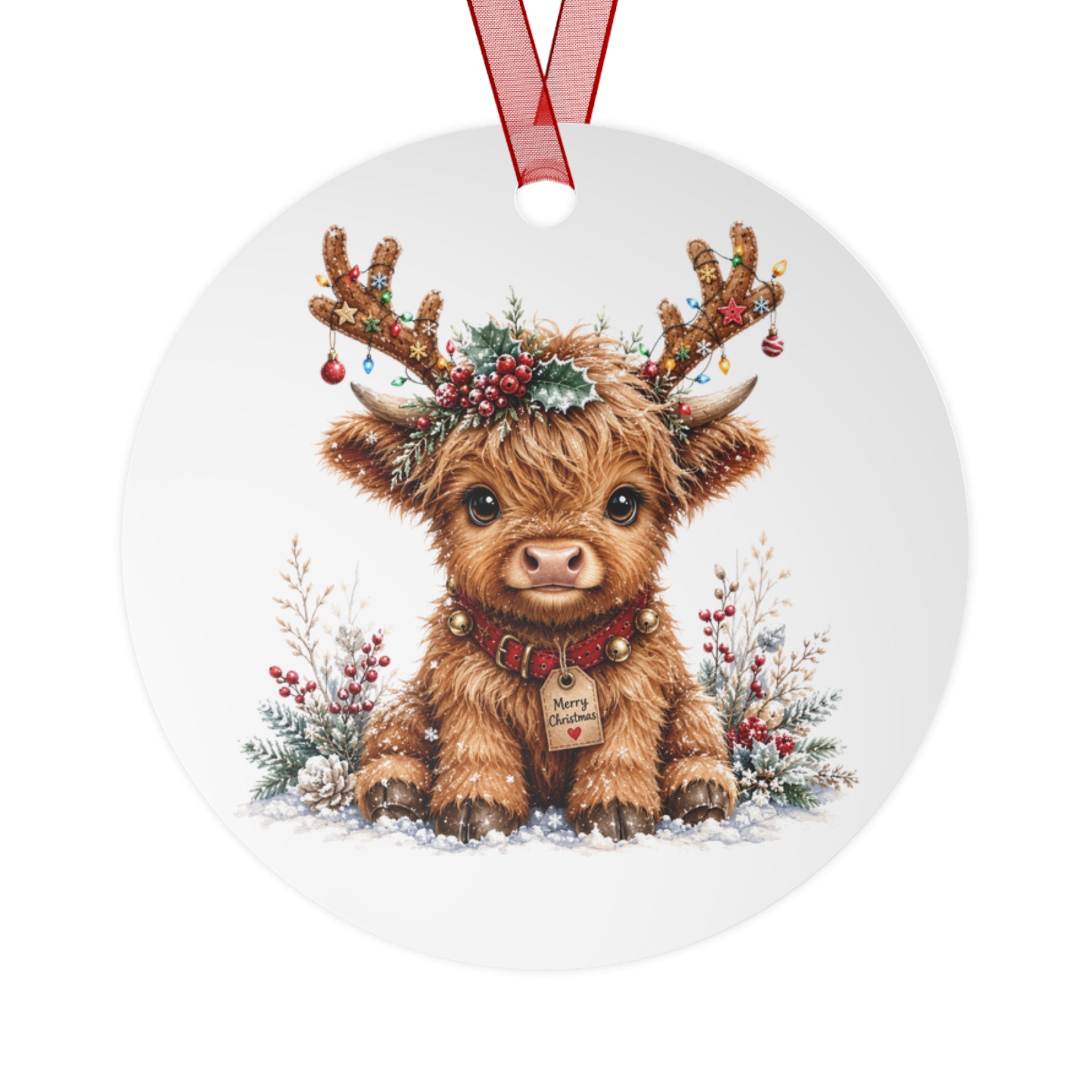 Cute Highland Cow Metal Ornament — Holiday Christmas Tree Decoration
