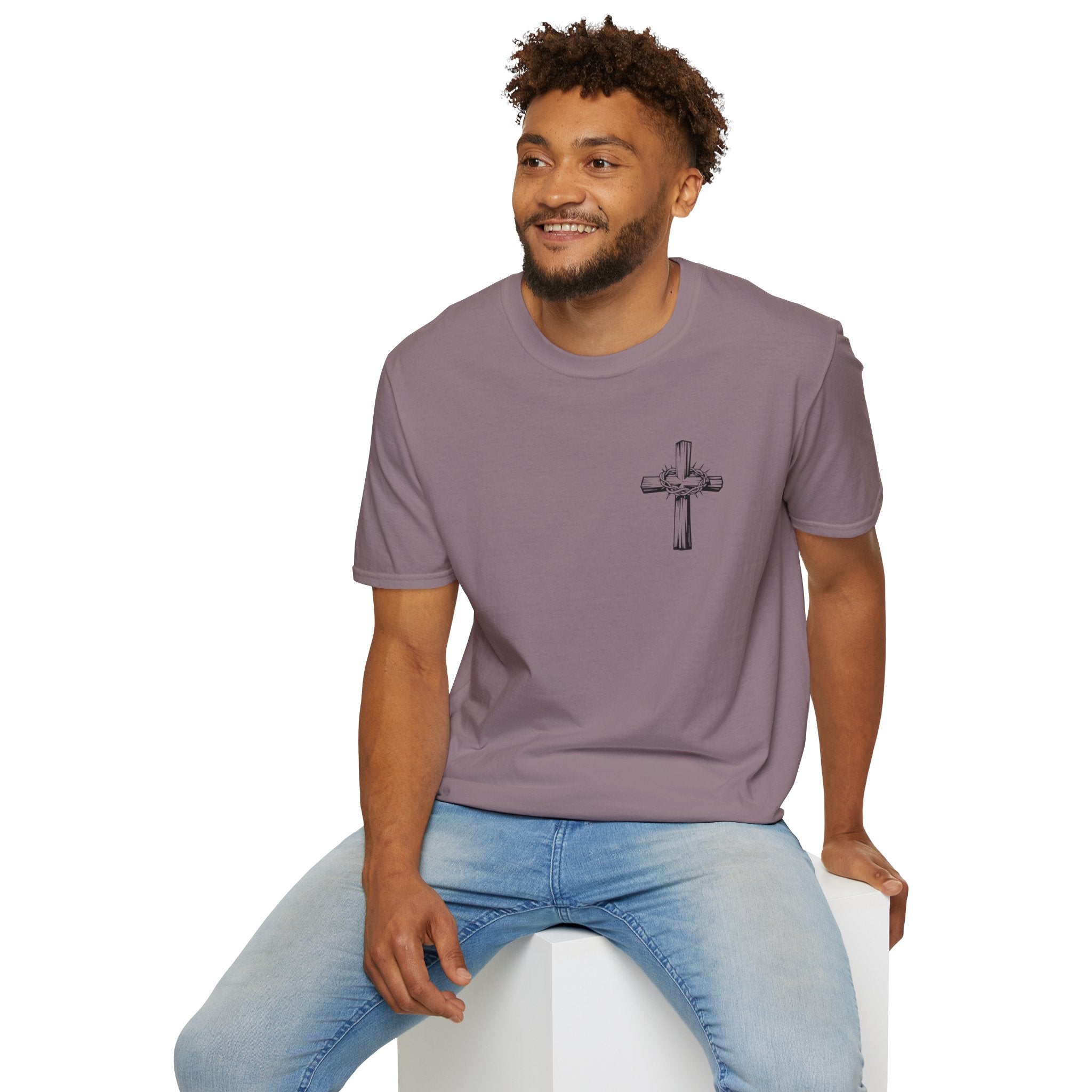 Cross Lion and Jesus Back Print T-Shirt — Wood Cross Chest Christian Faith Graphic