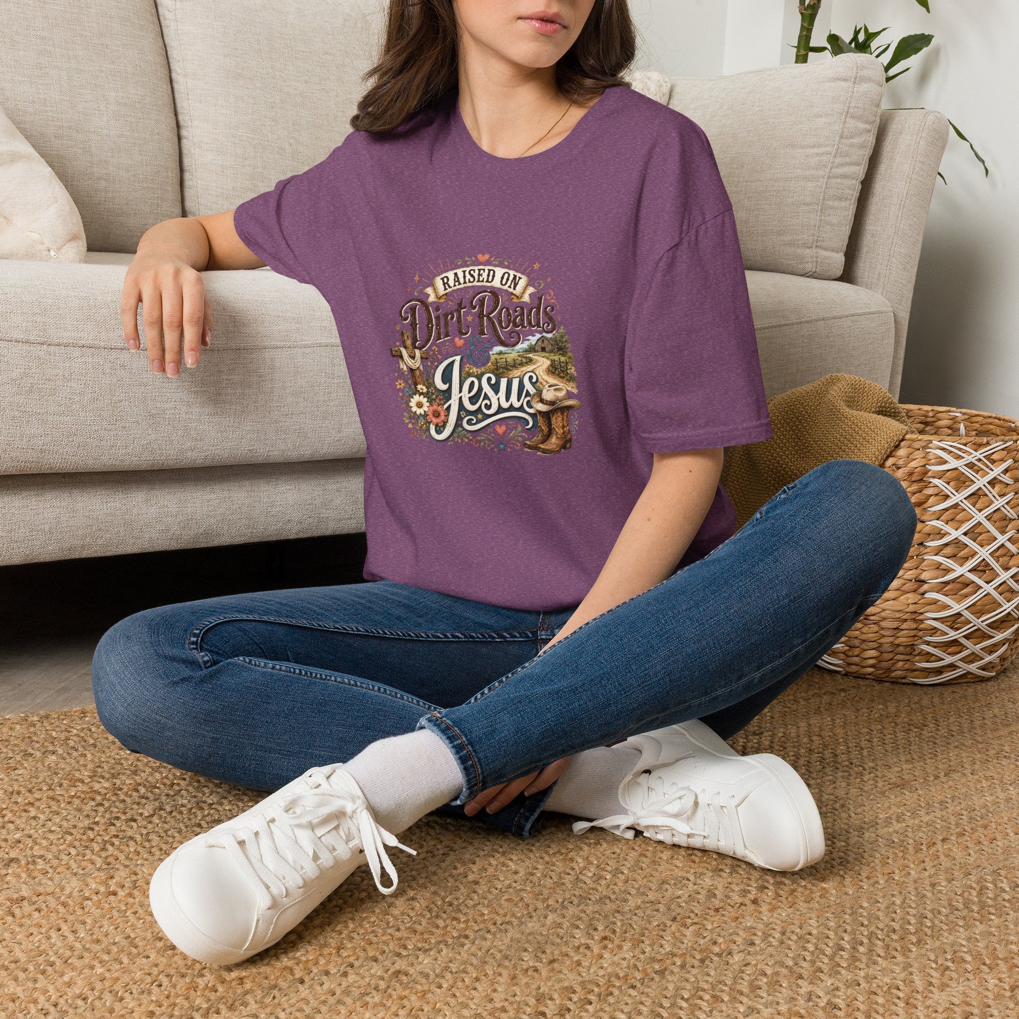 Raised on Dirt Roads & Jesus T-Shirt — Rustic Christian Gift for Women Faith Tee