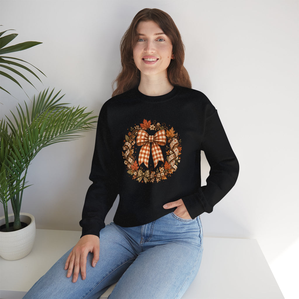 Cozy Autumn Plaid Bow Wreath Crewneck Sweatshirt
