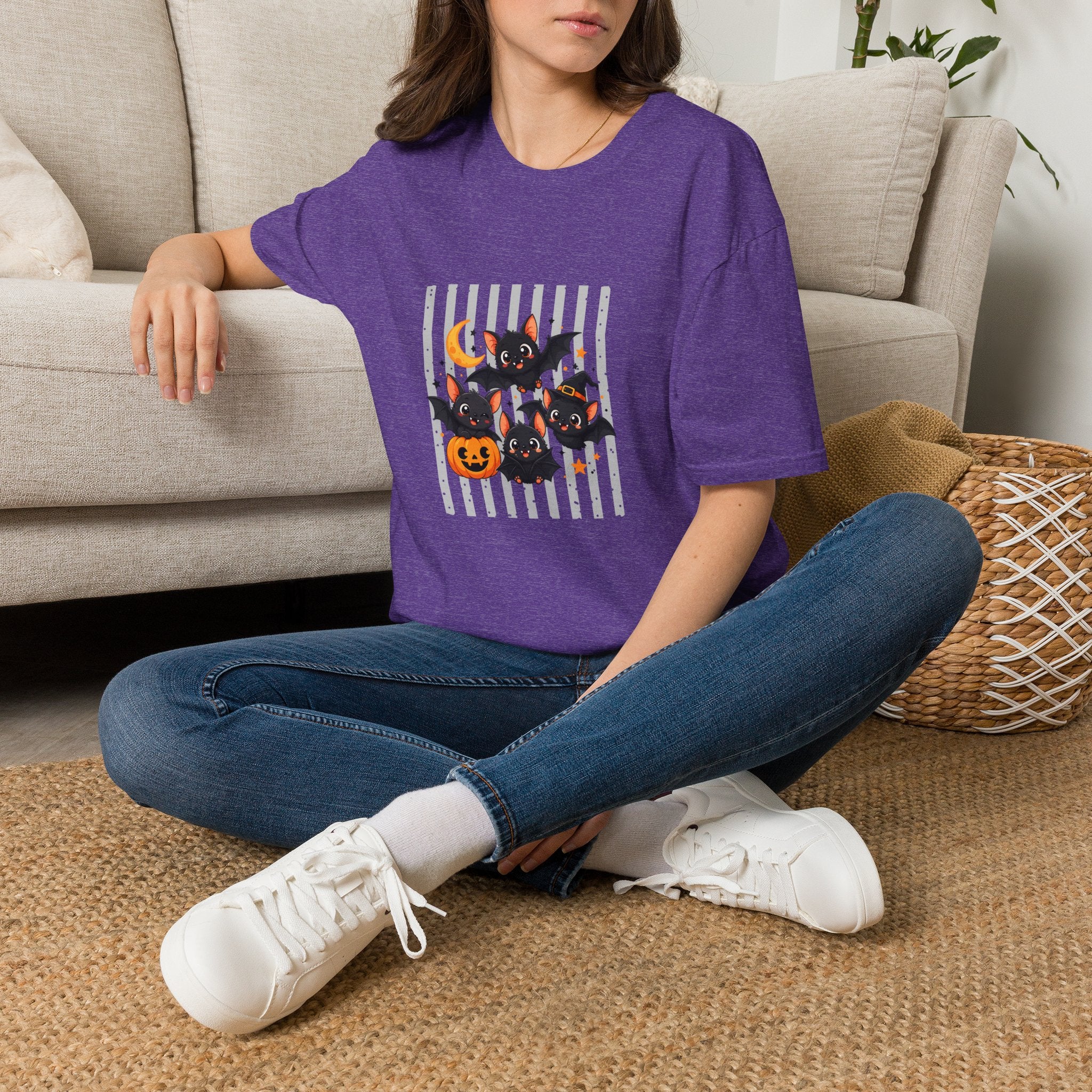 Halloween Bats Pumpkin Moon T-Shirt — Cute Spooky Gift for Women Graphic Tee