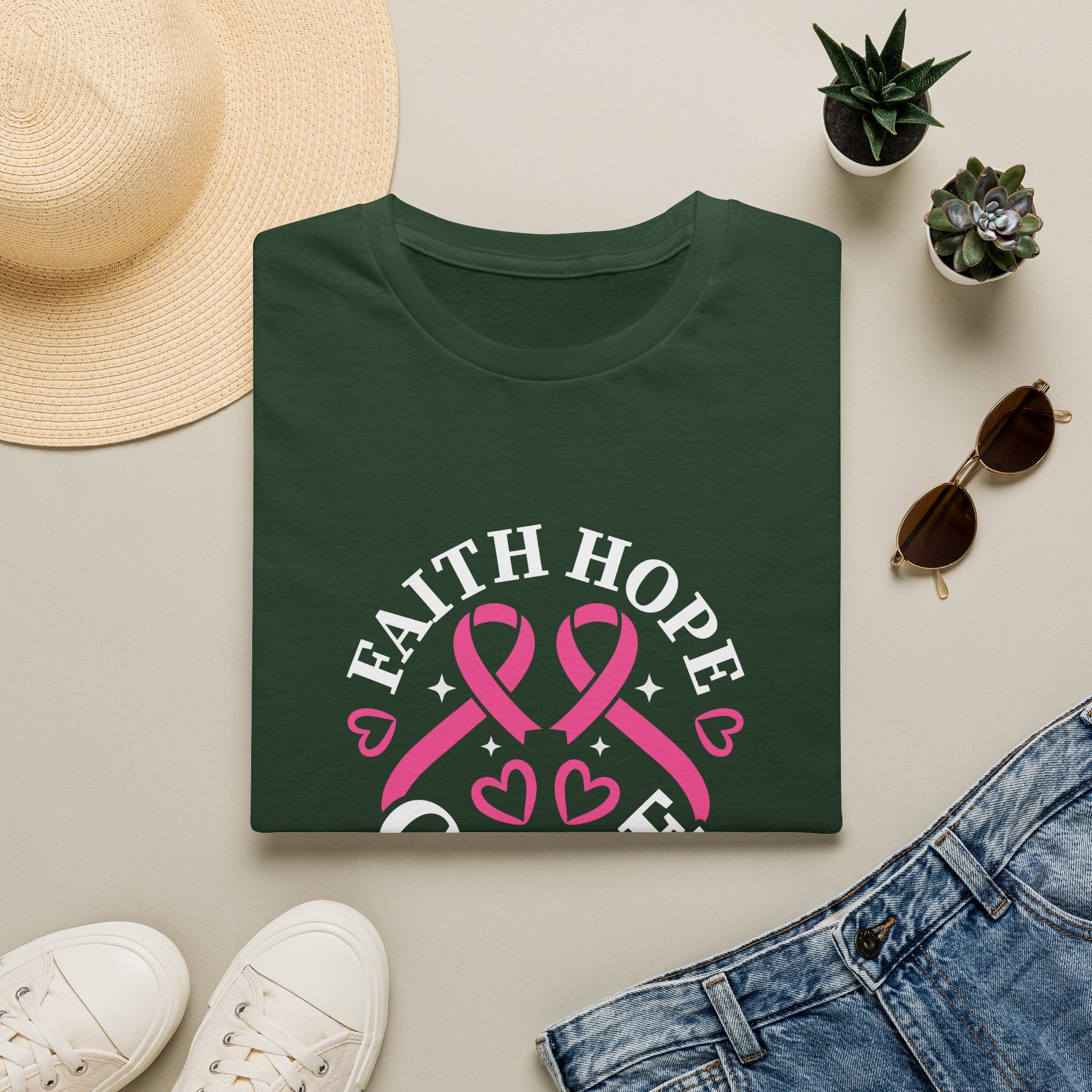 Faith Hope Cure Breast Cancer Awareness T-Shirt — Pink Ribbon Gift for Her Support Graphic Tee