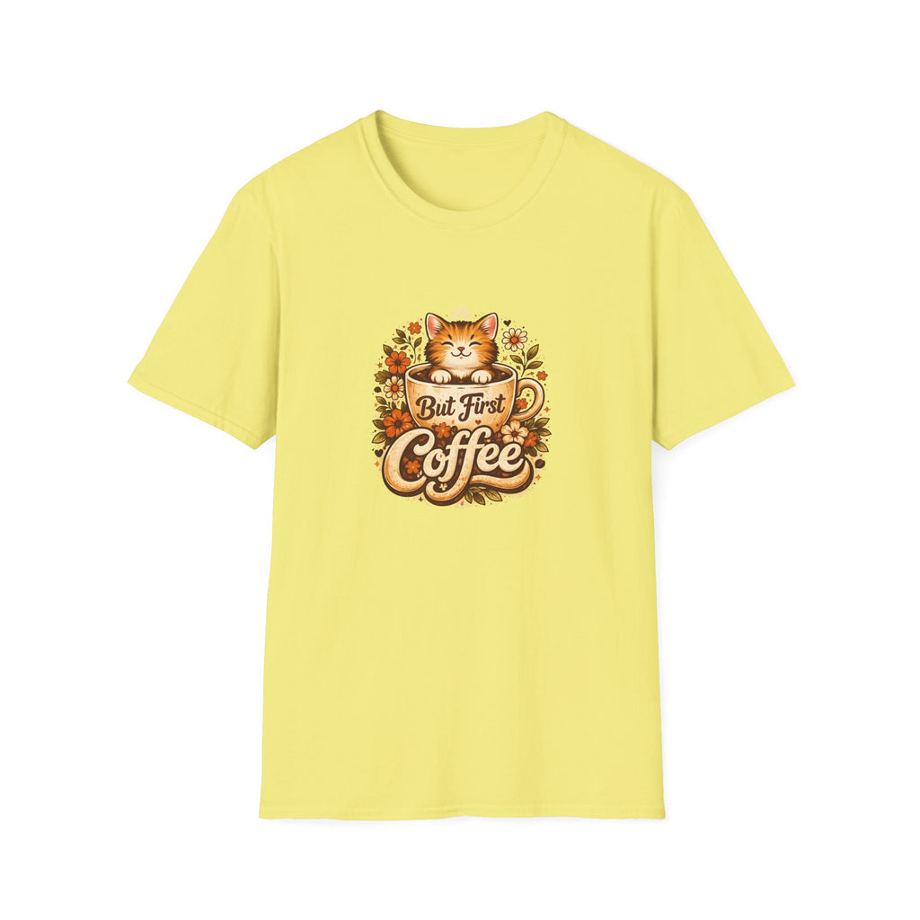 But First Coffee Cat T-Shirt — Cute Floral Gift for Coffee Lovers Women's Tee