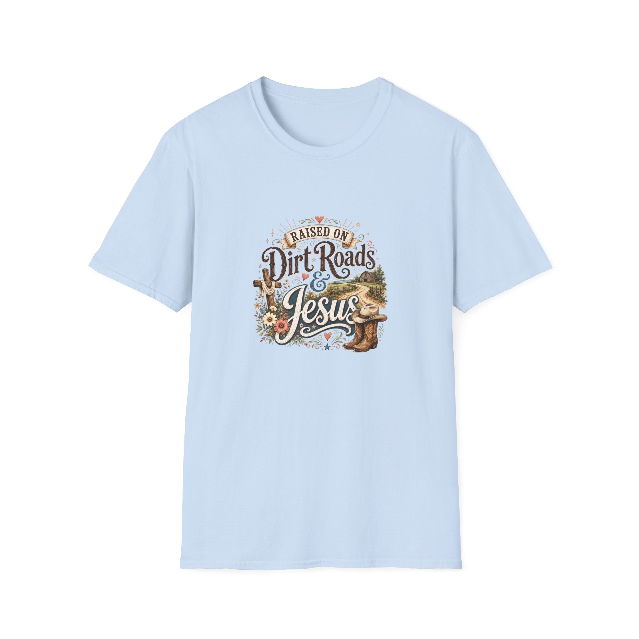 Raised on Dirt Roads & Jesus T-Shirt — Rustic Christian Gift for Women Faith Tee
