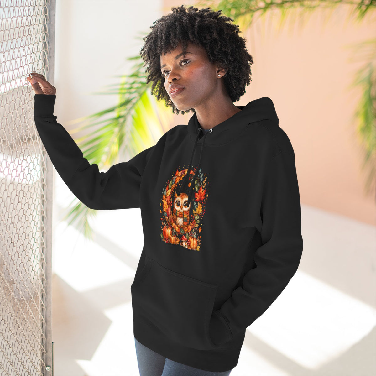 Cozy Autumn Owl Crescent Moon Embroidered Hoodie