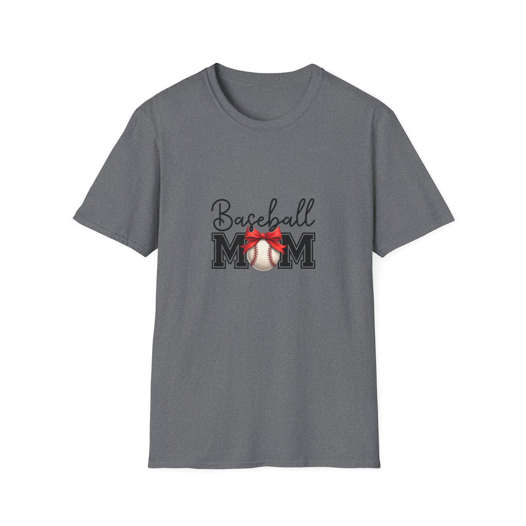 Baseball Mom T-Shirt — Cute Red Bow Gift for Sports Moms Game Day Graphic Tee