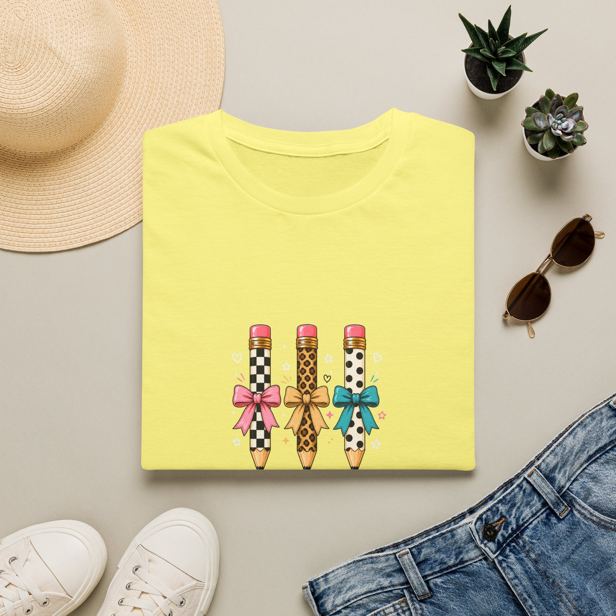 Pencil Trio Graphic T-Shirt — Cute Patterned Pencils with Bows
