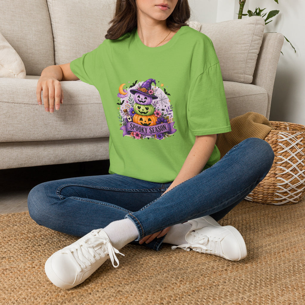Spooky Season Pumpkin Stack T-Shirt — Cute Halloween Gift for Women Witch Hat Tee