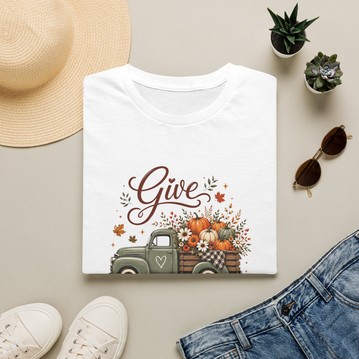 Give Thanks Fall Truck T-Shirt — Pumpkin Harvest Autumn Tee