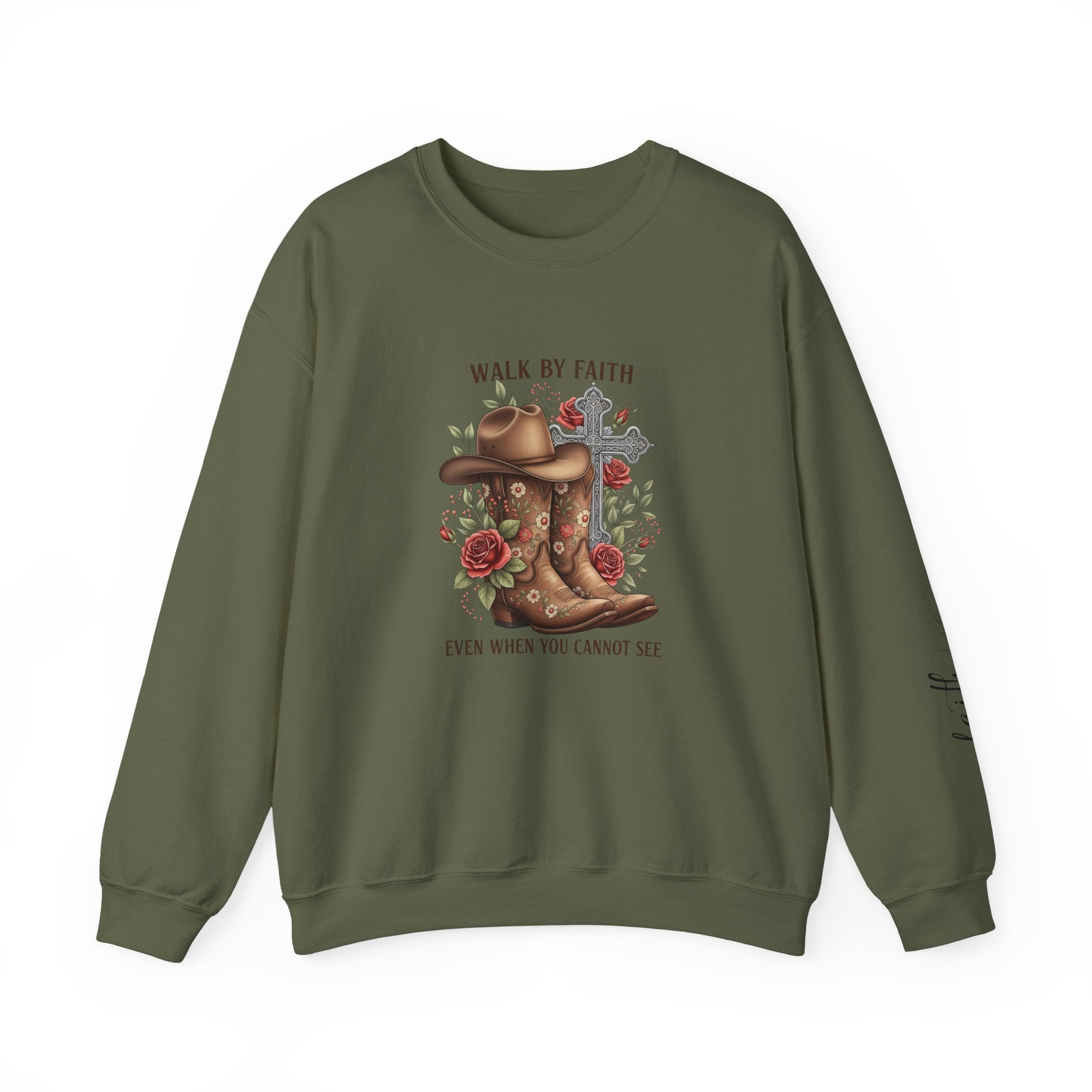 Faith Cowboy Boots Sweatshirt — "Walk by Faith, Even When You Cannot See" Christian Crewneck