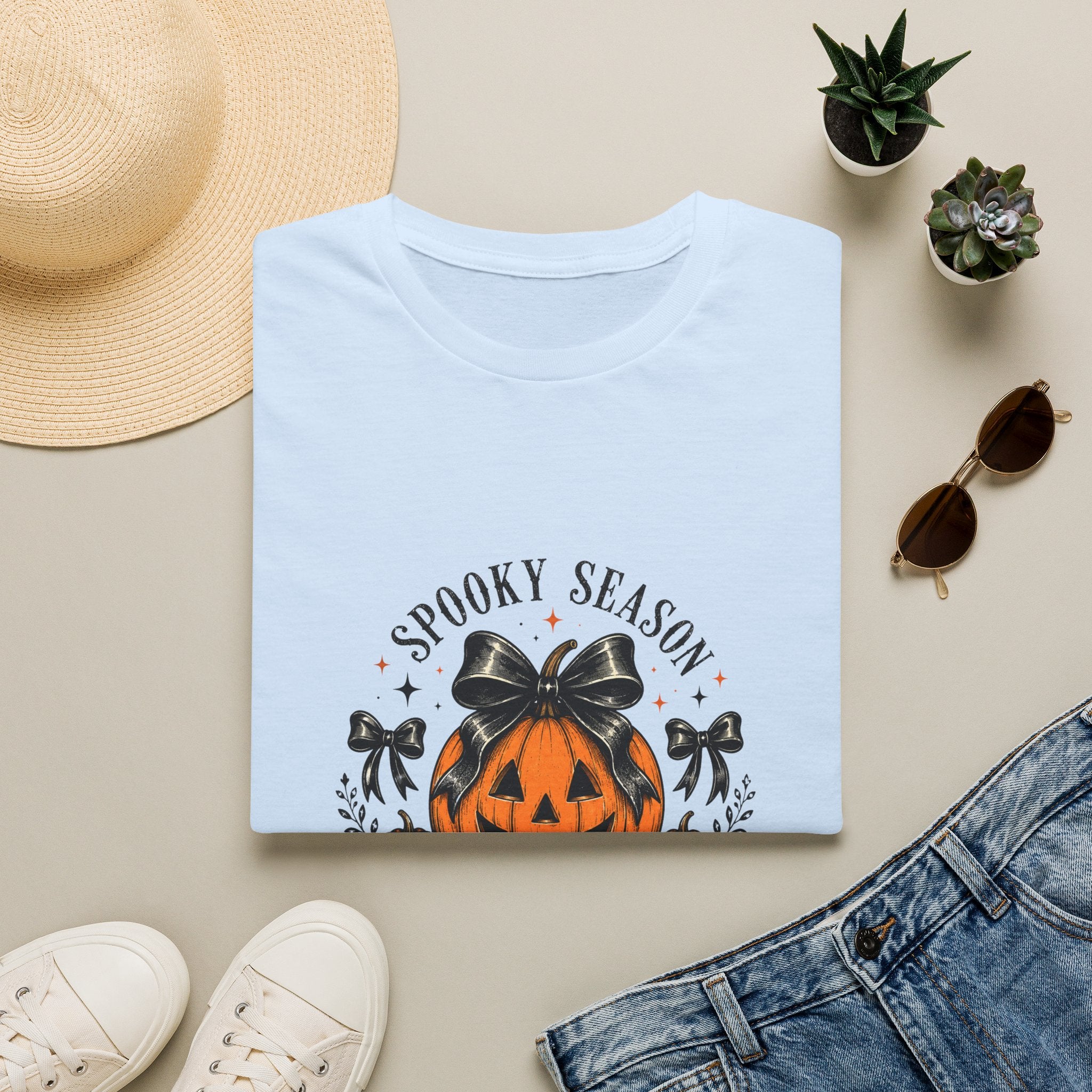 Spooky Season Jack-O'-Lantern Bow T-Shirt — Cute Halloween Gift for Women Graphic Tee
