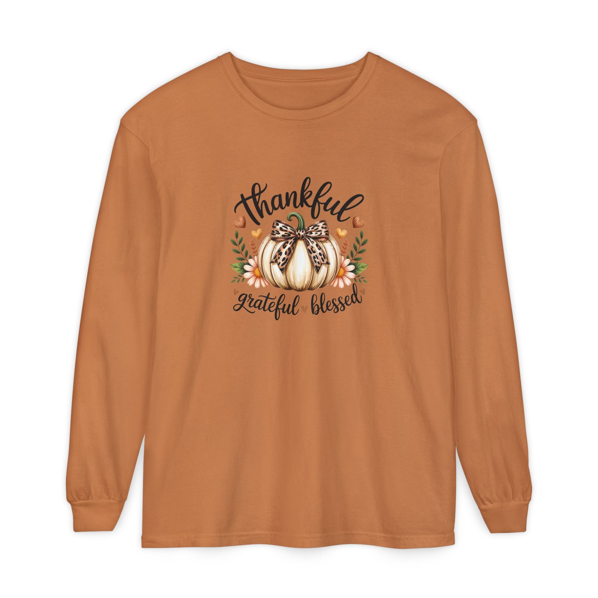 Thankful Grateful Blessed Pumpkin Long Sleeve — Cute Fall Thanksgiving Gift for Women